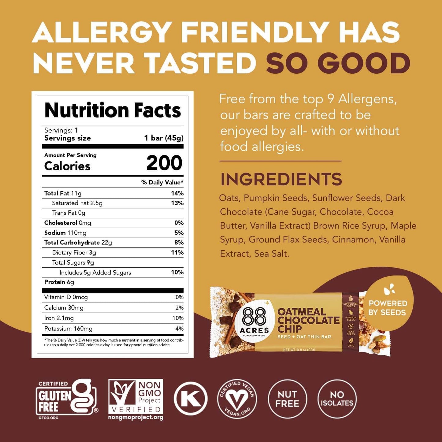 88 Acres Granola Bars | Oatmeal Chocolate Chip | Gluten Free, Nut-Free Oat and Seed Granola Bar | Vegan & Always Non GMO | 12 Pack