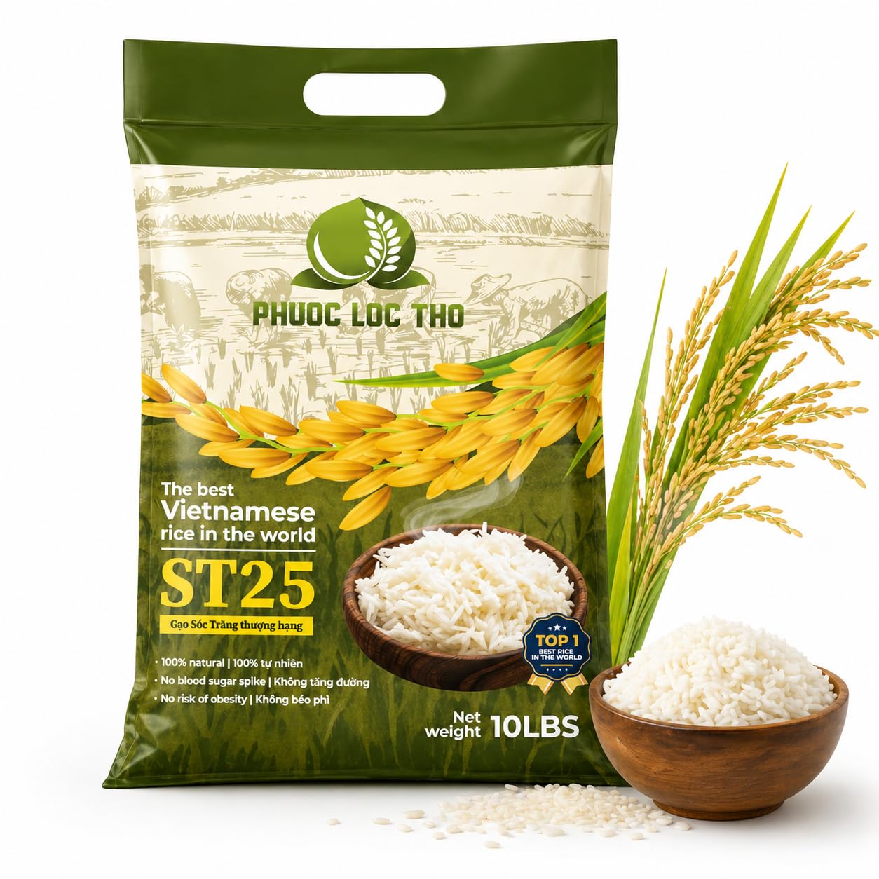 Ph??c L?c Th? ST25 Vietnamese Jasmine Rice 10lb - Premium Long Grain White Rice, Fragrant & Soft Texture, Non-GMO, Authentic Asian Rice, Bulk Family Size