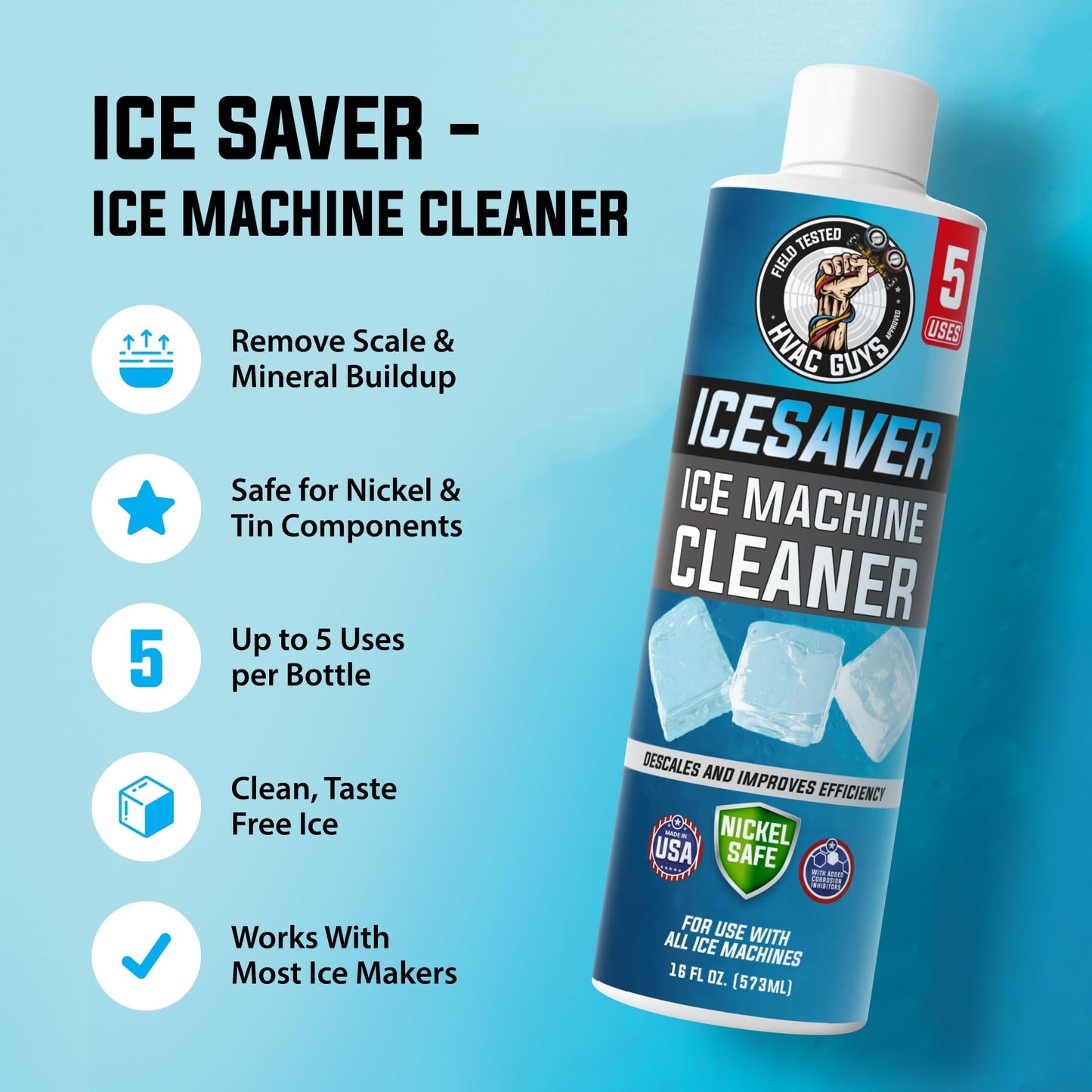 HVAC Guys Ice Machine Cleaner and Descaler 16oz (5 Uses) Removes Scale and Mineral Buildup for Clean, Fresh-Tasting Ice, Nickel and Tin Safe, Made in
