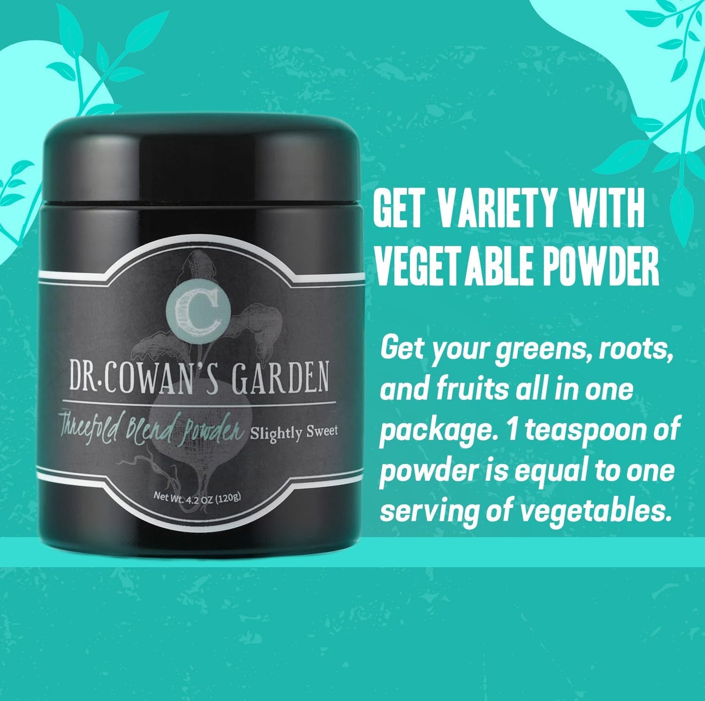 Dr. Cowan’s Garden Threefold Slightly Sweet Vegetable Powder, Greens Powder with Organic Carrots, Beets, Swiss Chard, Kale, Organic Veggie Supplement