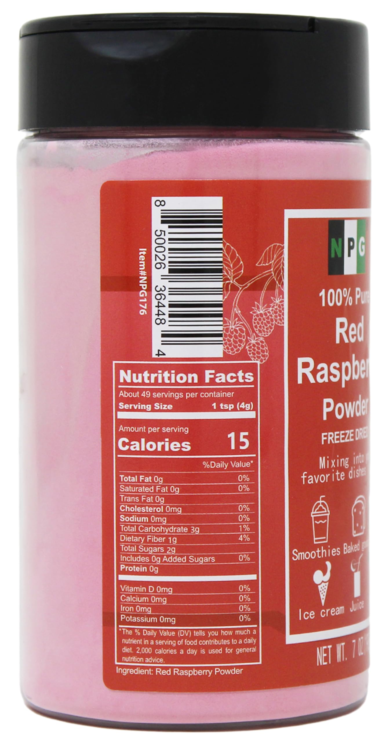 NPG Freeze Dried Red Raspberry Juice Powder 7 Oz, Seedless Fine Superfood Powder for Flavoring, Coloring, Baking, Smoothies, Purees, and Acai Bowls