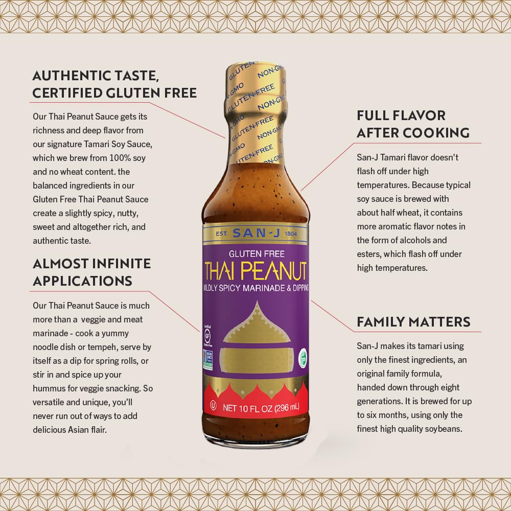 San-J - Spice of Life Variety Pack- Teriyaki, Orange Sauce, Szechuan, Thai Peanut - All Gluten Free Cooking Sauces - Non-GMO - 10 oz. Bottles - 4 Pack