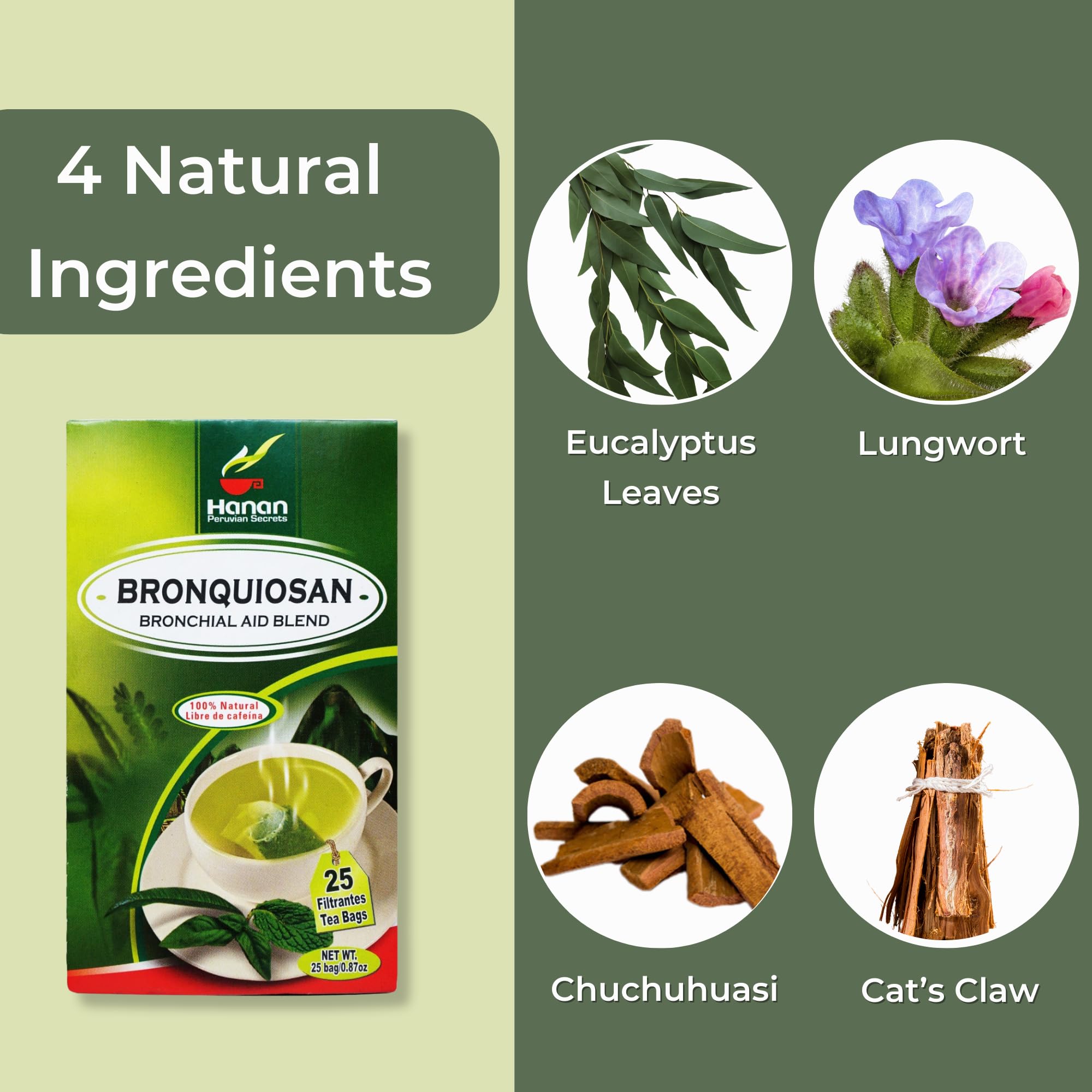 Hanan Bronchial Wellness 25 Tea Bags - Bronquiosan for Respiratory Lung Health Blend of Dried Eucalyptus Leaves, Cat's Claw Herbal Supplement