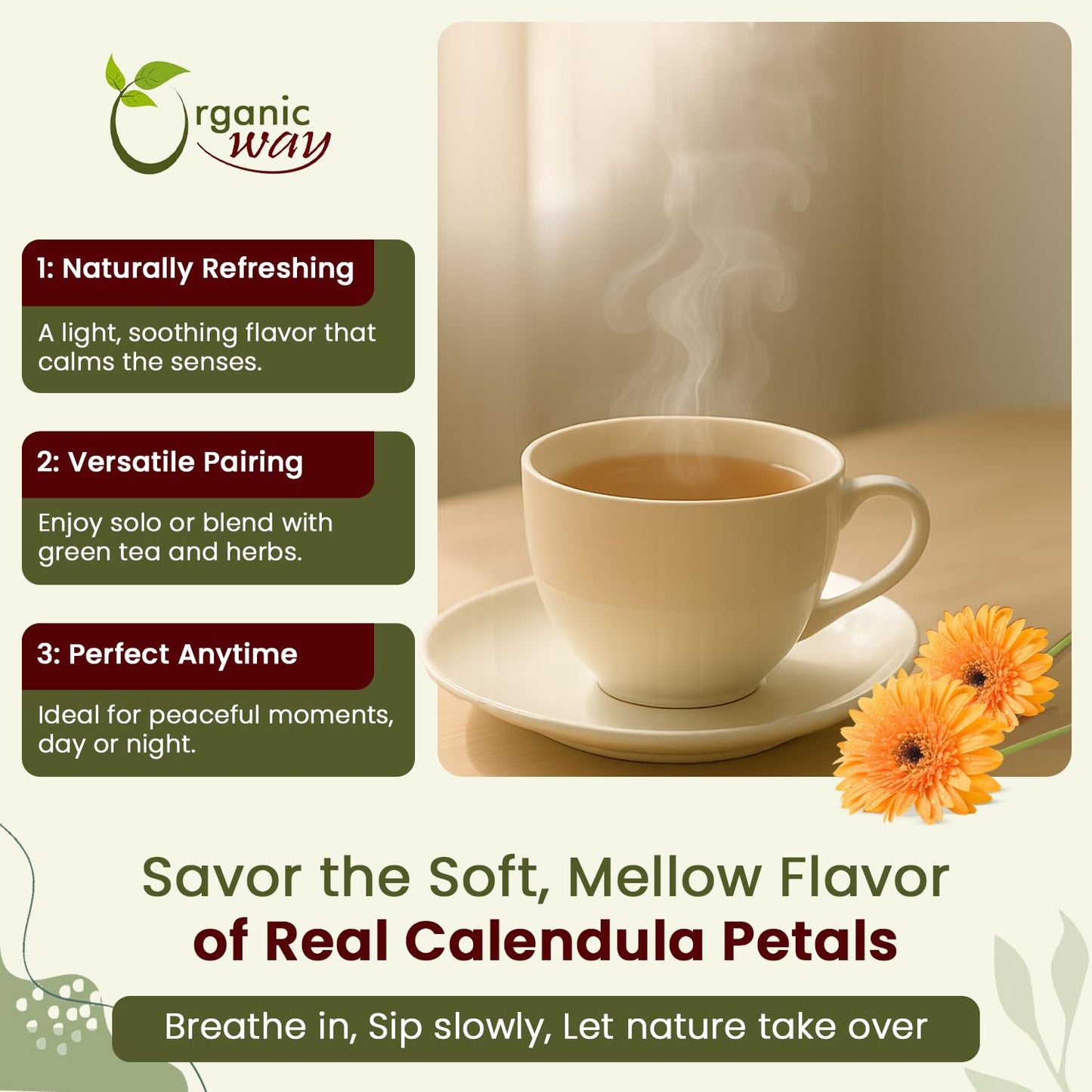 Organic Way Dried Calendula Petals | Herbal Tea (Calendula officinalis) - European Wild-Harvest | Organic & Kosher Certified | USDA Certified | Origin