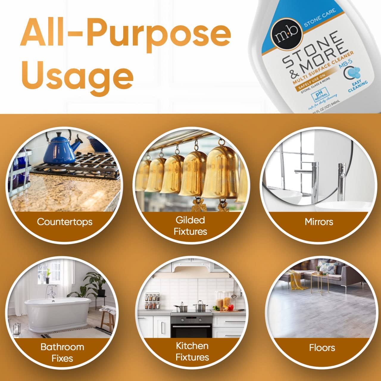 MB-5 Stone & More, All Purpose Cleaning Spray Kitchen Counter Cleaner Spray for Marble and Granite- No Streak Formula for Stone, Glass, Granite