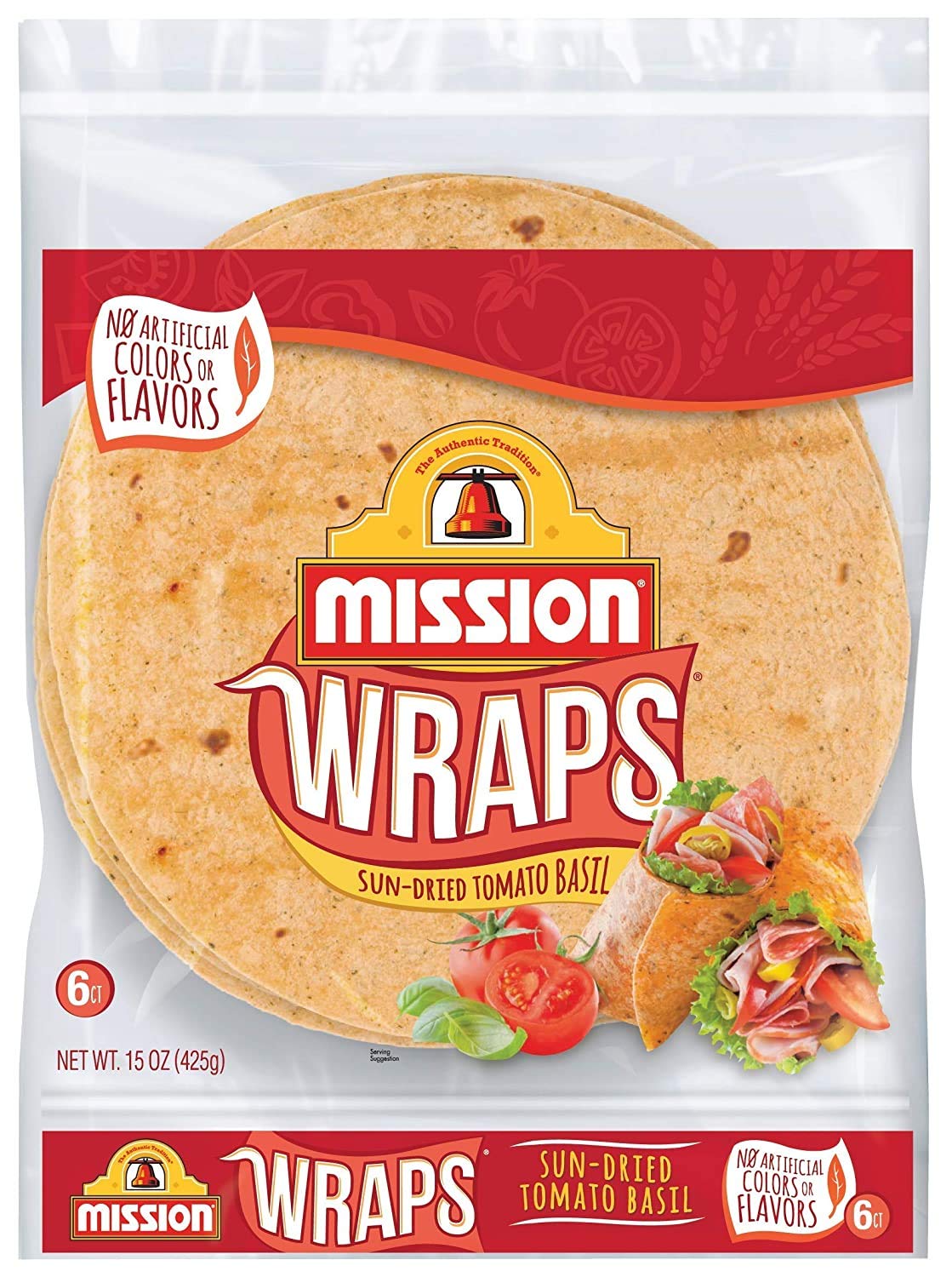 Mission Sun-Dried Tomato Basil Wraps, Soft Veggie Wraps, Trans Fat Free, 6 Count - 2 Packs