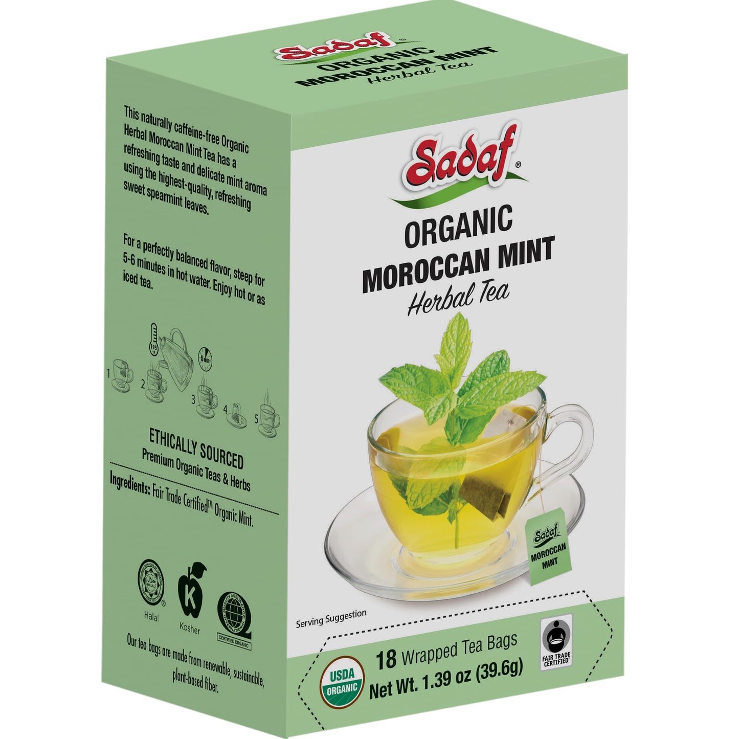 Sadaf Organic Moroccan Mint Tea - Mint Tea Bags - Ideal for Hot or Iced Tea - Organic Herbal Tea - Kosher - 18 Wrapped Tea Bags