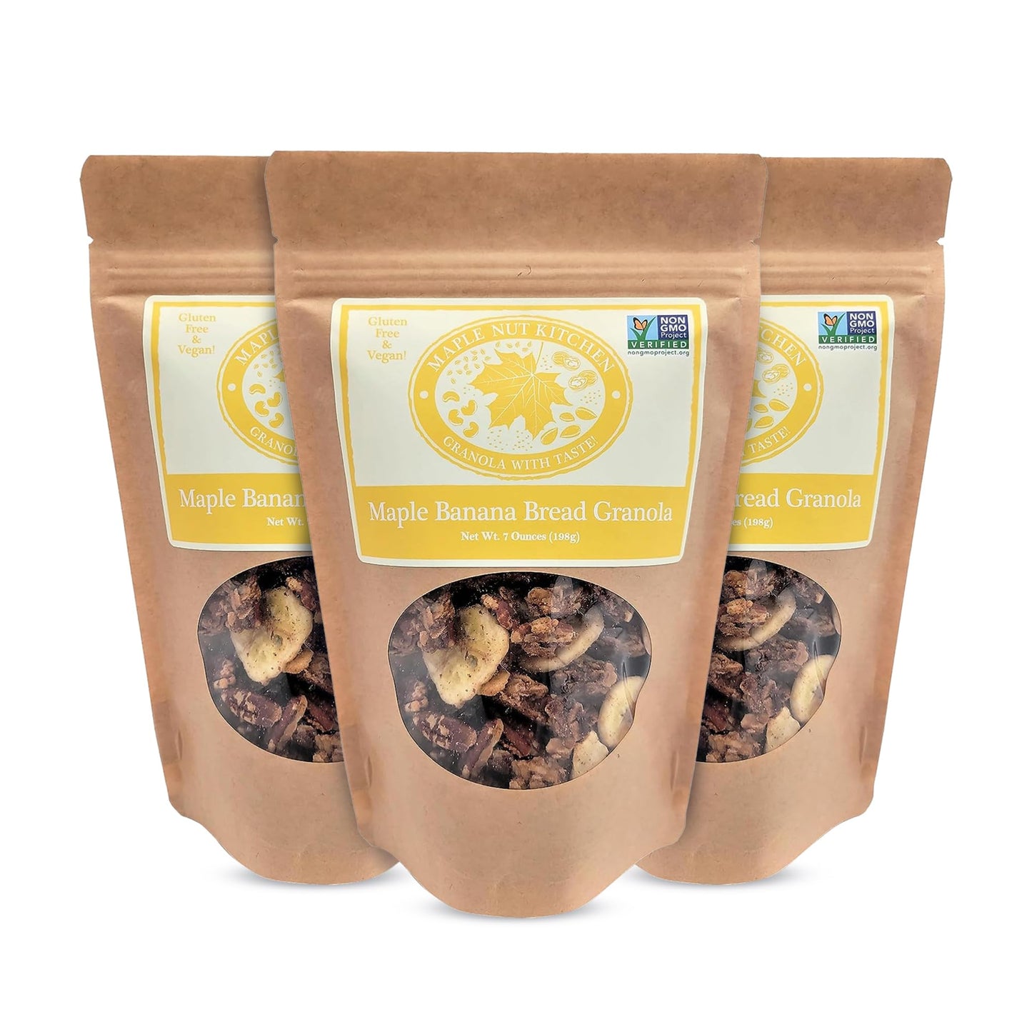 Maple Nut Kitchen Banana Bread Granola 3 Pack - Gluten-Free Oats, Maple Syrup & Pecans - Crunchy Vegan Cereal with Dried Bananas, Healthy Breakfast