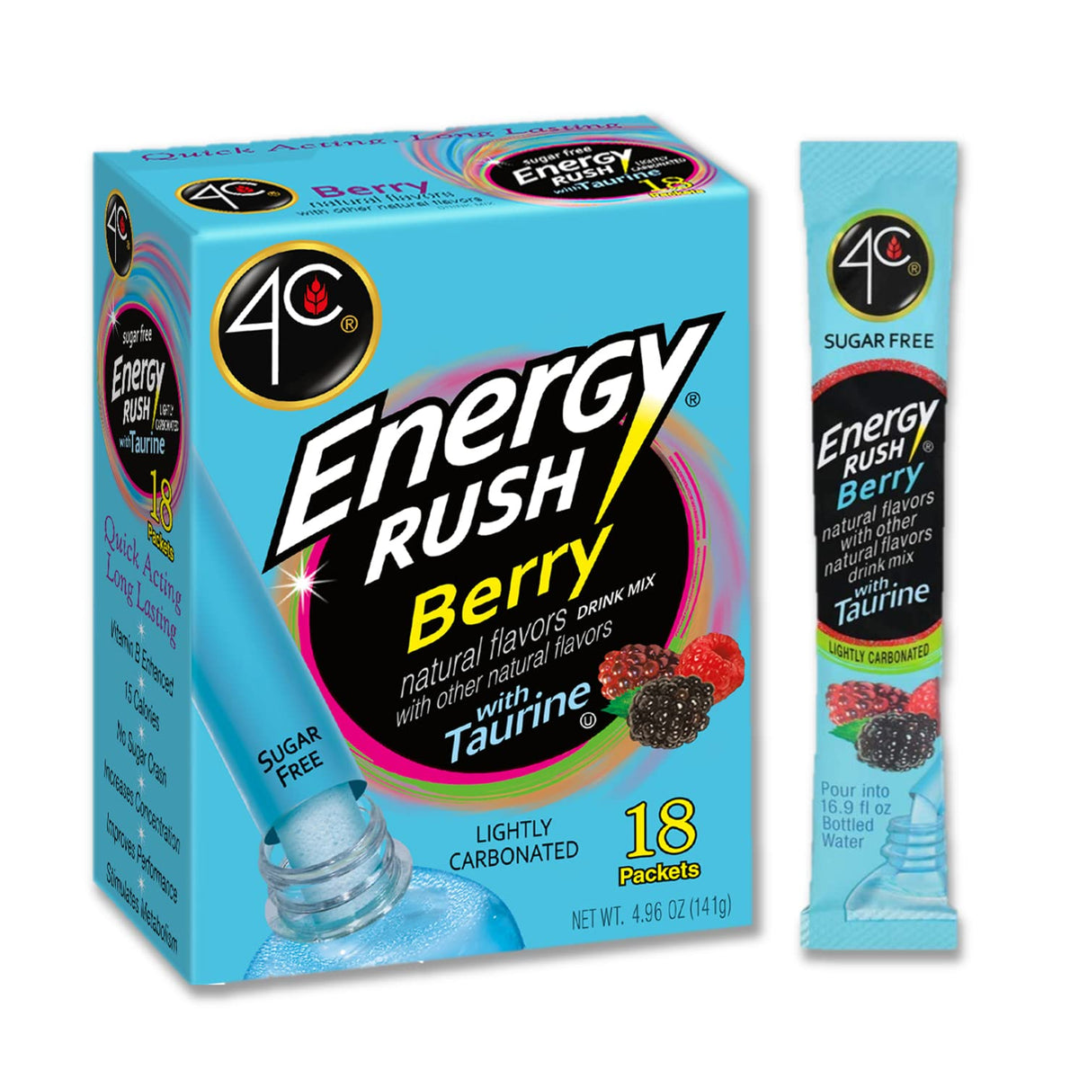 4C Energy Rush Stix, Berry 6 Pack, 18 Count, Single Serve Water Flavoring Packets, Sugar Free with Taurine, On the Go Bundle