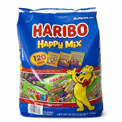 HARIBO Happy Mix Gummy Variety Pack, 120 Mini Bags (50 oz) - Goldbears, Twin Snakes & Wild Berry, Individually Wrapped Bulk Candy