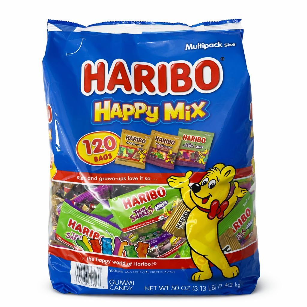 HARIBO Happy Mix Gummy Variety Pack, 120 Mini Bags (50 oz) - Goldbears, Twin Snakes & Wild Berry, Individually Wrapped Bulk Candy