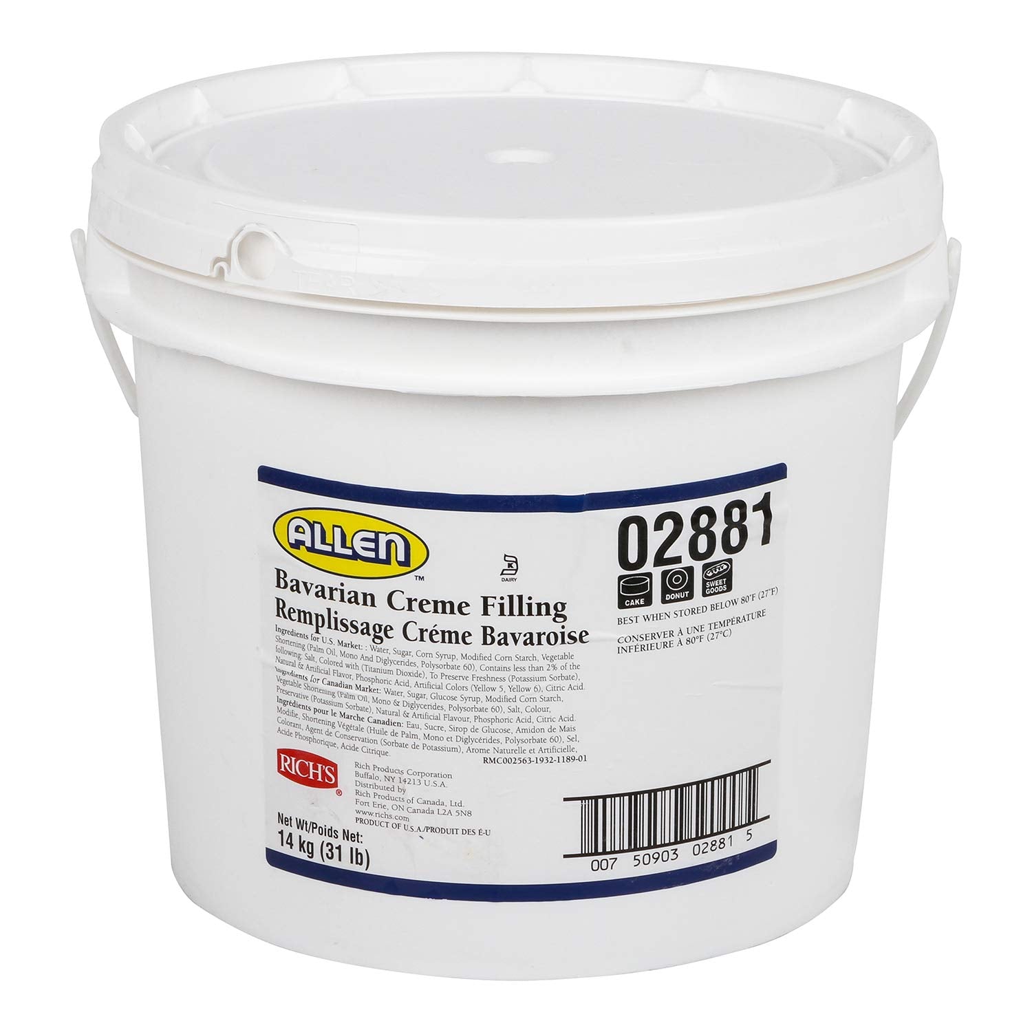 Rich's JW Allen Filling, Bavarian Creme Filling, Bulk Baking Supplies, 496 Oz