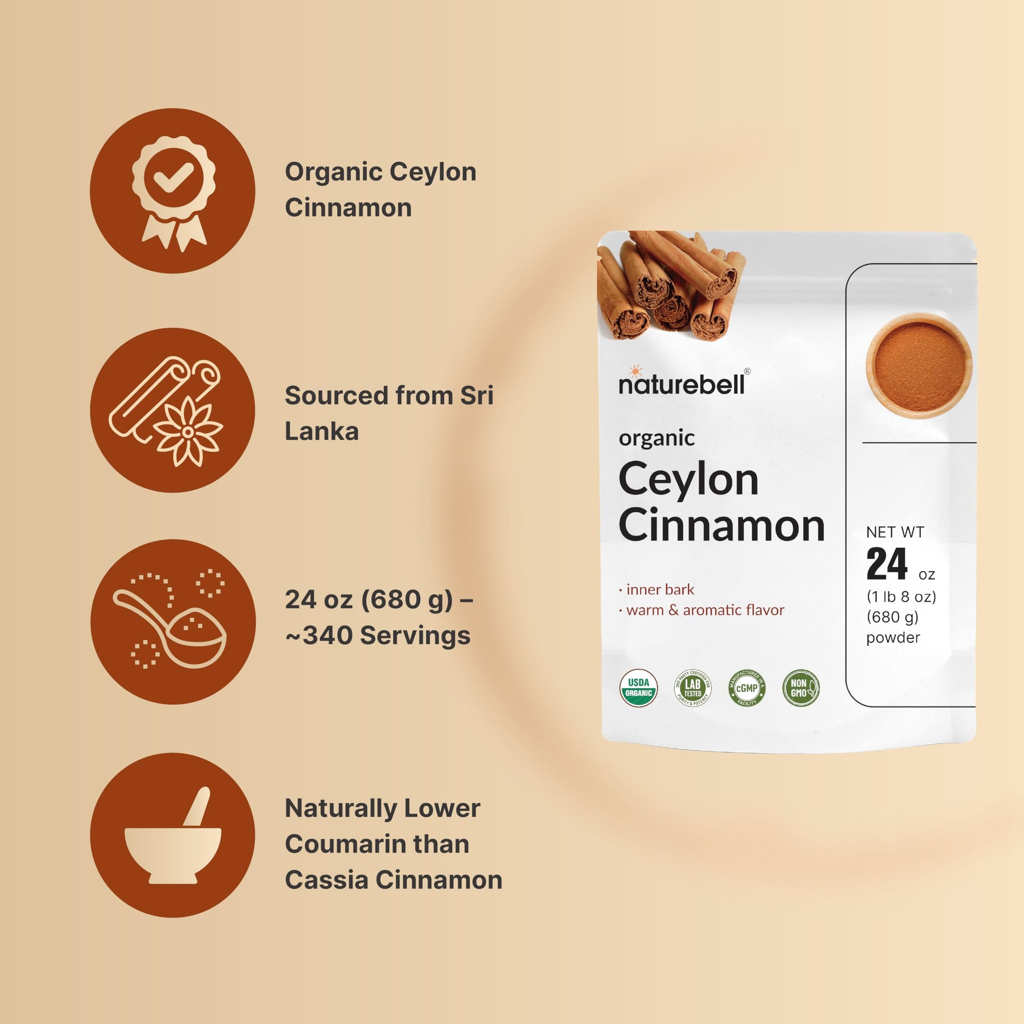 Organic Ceylon Cinnamon Powder, 24 oz | True Sri Lanka Bark Source - Freshly Ground Sticks - Raw Cinnamon Spice Flavor & Aroma - Non-GMO, Filler Free