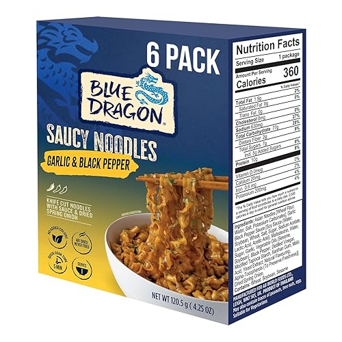 Blue Dragon Garlic & Black Pepper Saucy Noodles - 4.25oz (Pack of 6) - Knife Cut Air Dried Noodles w/Garlic & Black Pepper Sauce & Spring Onion