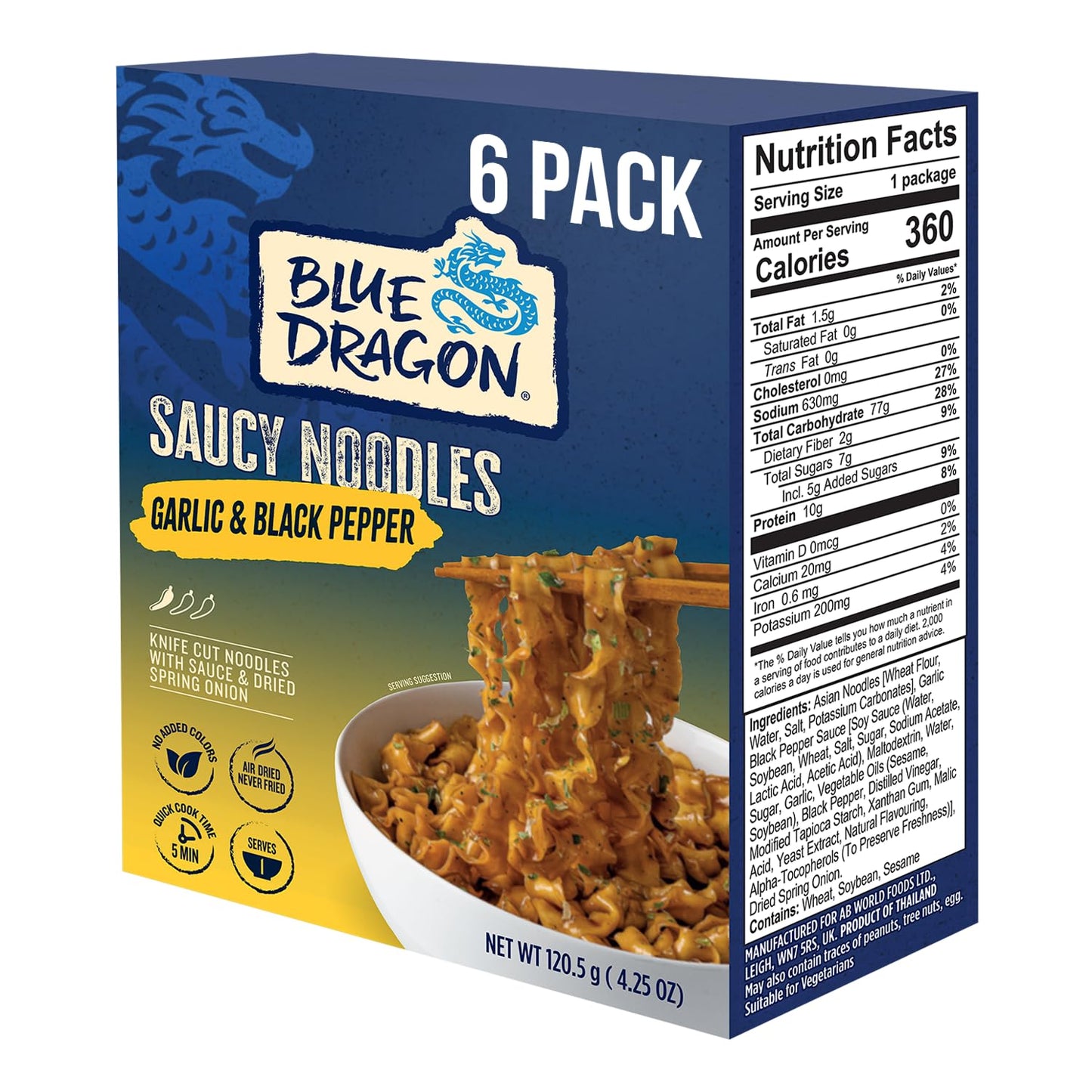 Blue Dragon Garlic & Black Pepper Saucy Noodles - 4.25oz (Pack of 6) - Knife Cut Air Dried Noodles w/Garlic & Black Pepper Sauce & Spring Onion