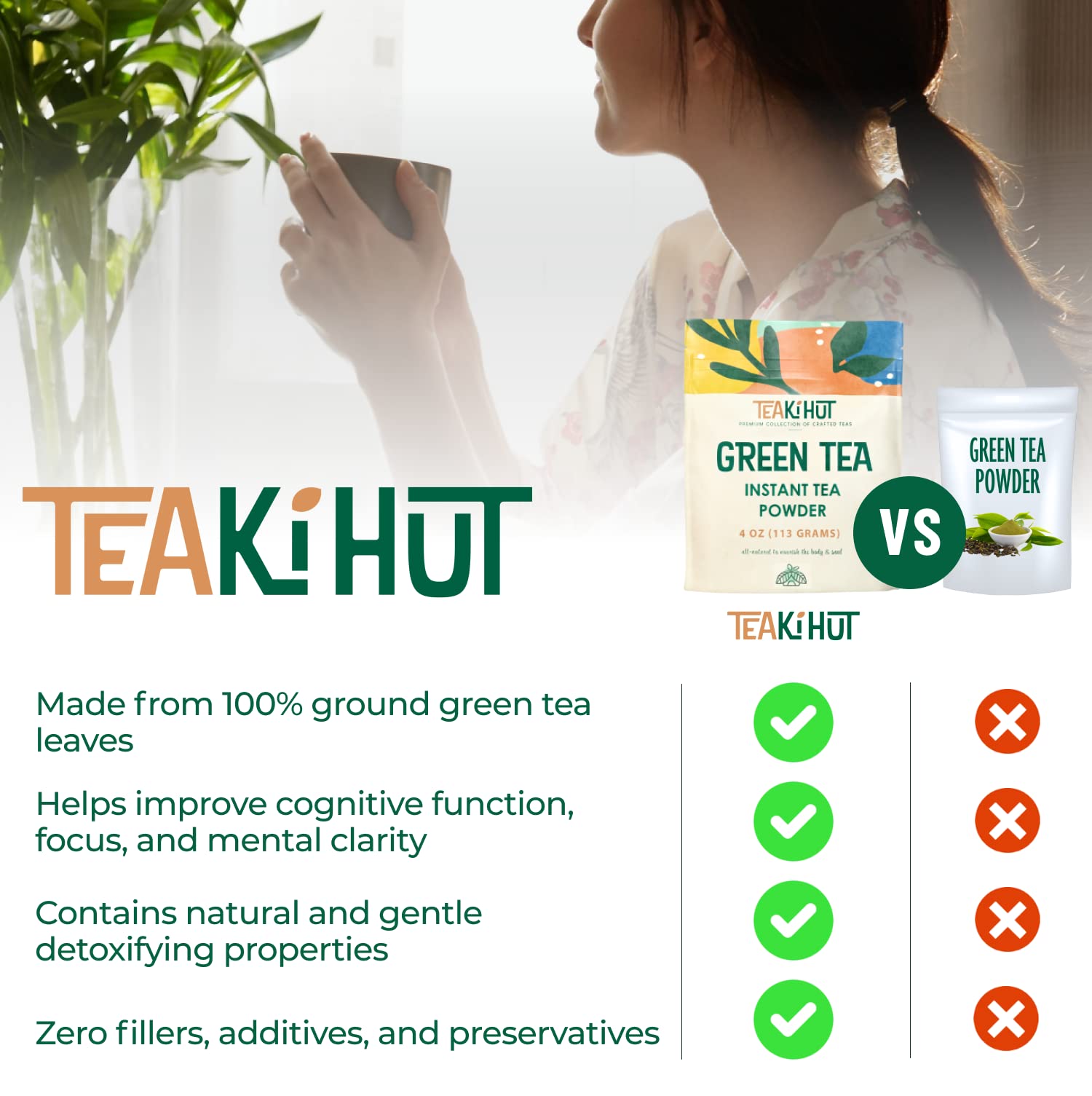 TEAki Hut Instant Green Tea Powder, Refreshing Unsweetened Drink mix, Premium Green Tea Instant Powder for Beverages, Smoothies or Baked Goods, Great