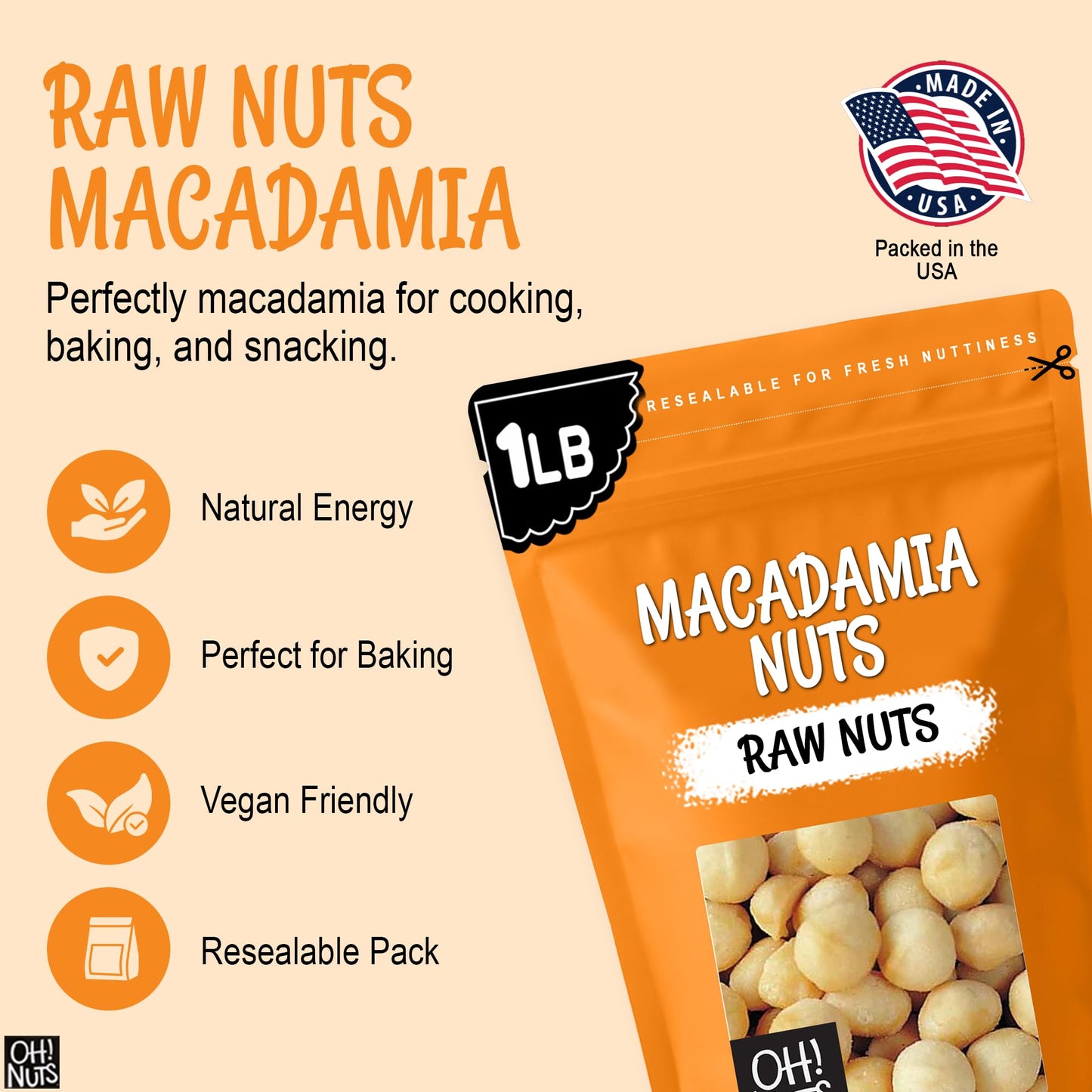 Oh! Nuts Raw Macadamia Nuts - Macadamia Nuts Unsalted - Jumbo Macadamia - 1 lb - 100% Natural Snack