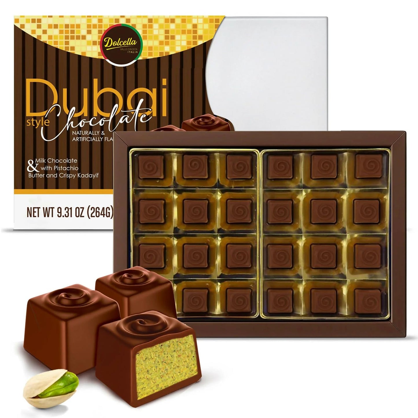 Dolcella Dubai Chocolate Truffles Gift Box - Milk Chocolate with Pistachio Cream, Butter & Crispy Kataifi | 24-Piece Luxury Chocolate Candy Box | 9.31