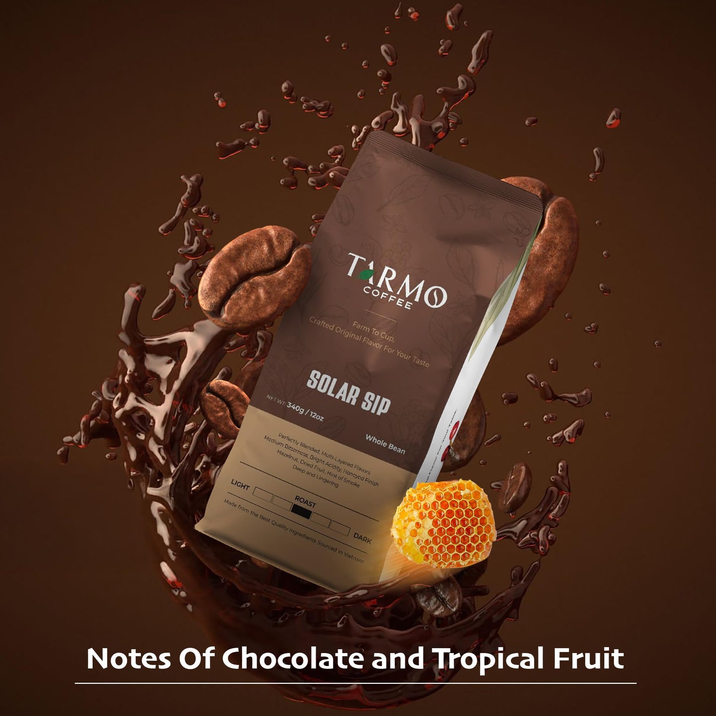 TARMO - SOLAR SIP | Low Acid Smooth ARABICA Blend Whole Bean Coffee | Specialty Vietnamese Coffee | Single Origin Dark Roast Coffee Beans | 12 Oz Bag
