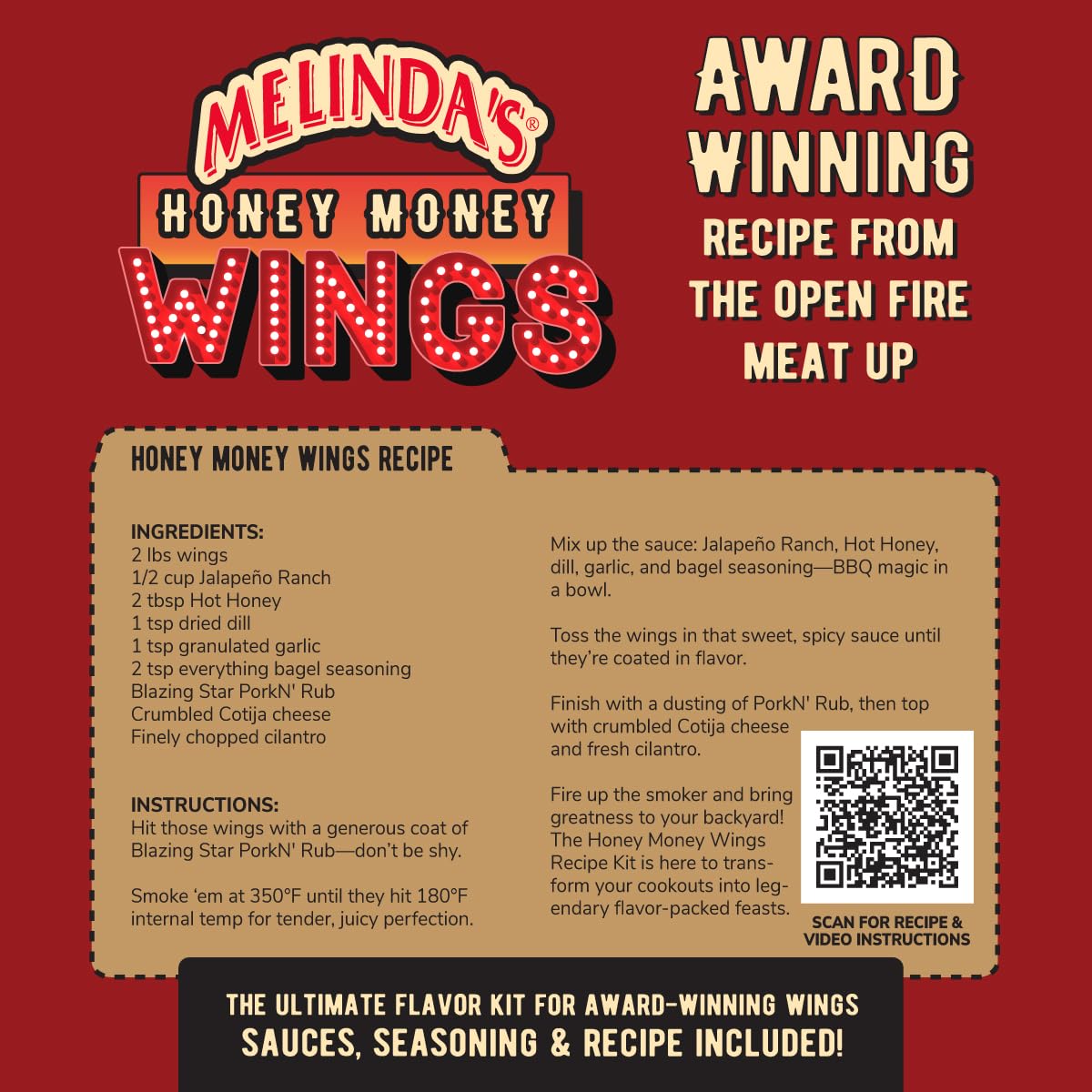 Melinda’s Honey Money Wings Recipe Kit - 3 Pack + Recipe - 2024 Open Fire Meat Up Award Winning Kit from Tony "Tone" Ramirez Includes Hot Honey