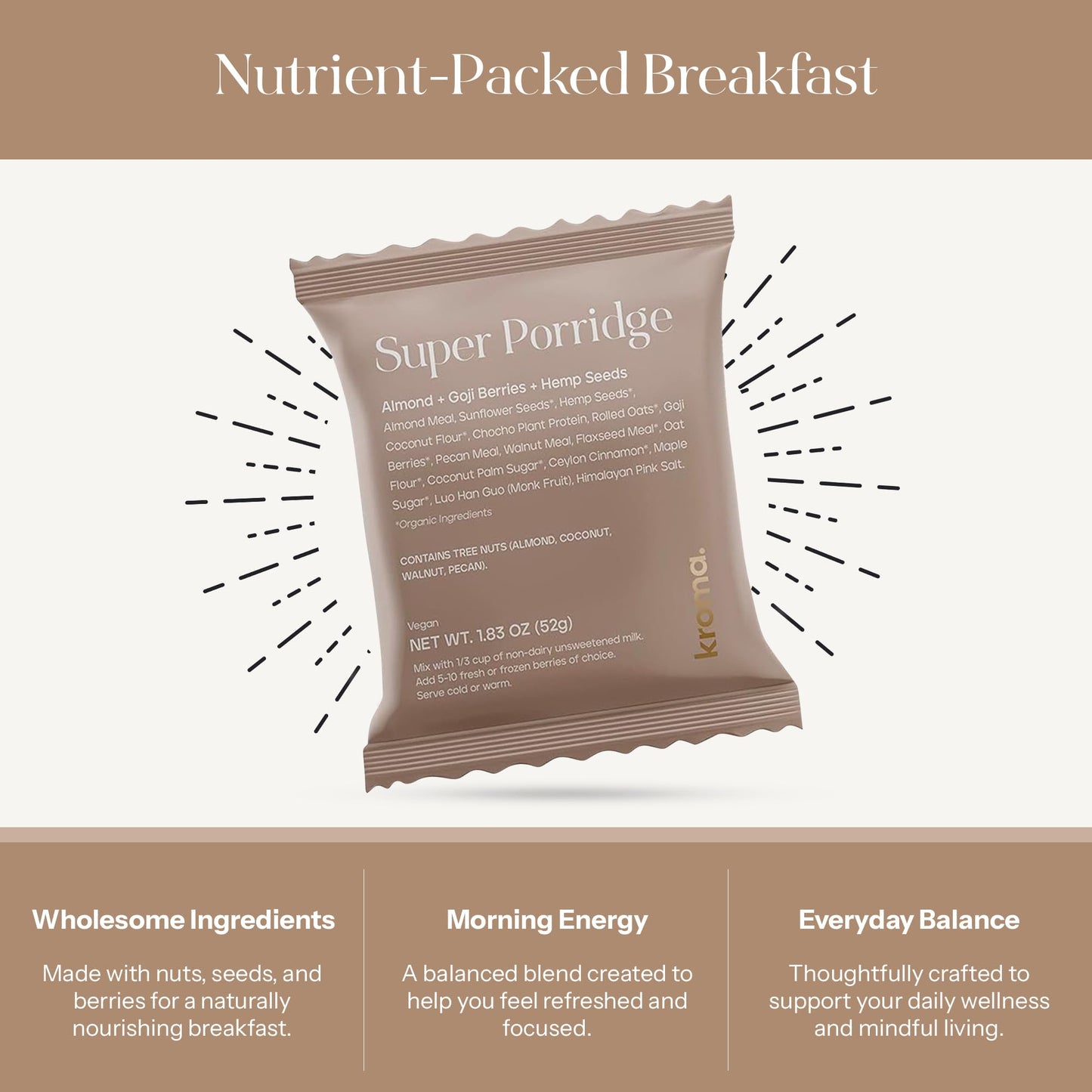 Kroma Super Porridge, Gluten Free, 5 Servings, Chocho Plant Protein, Vegan Superfood Breakfast Cereal with Hemp Seeds, Cinnamon, Oats, Coconut