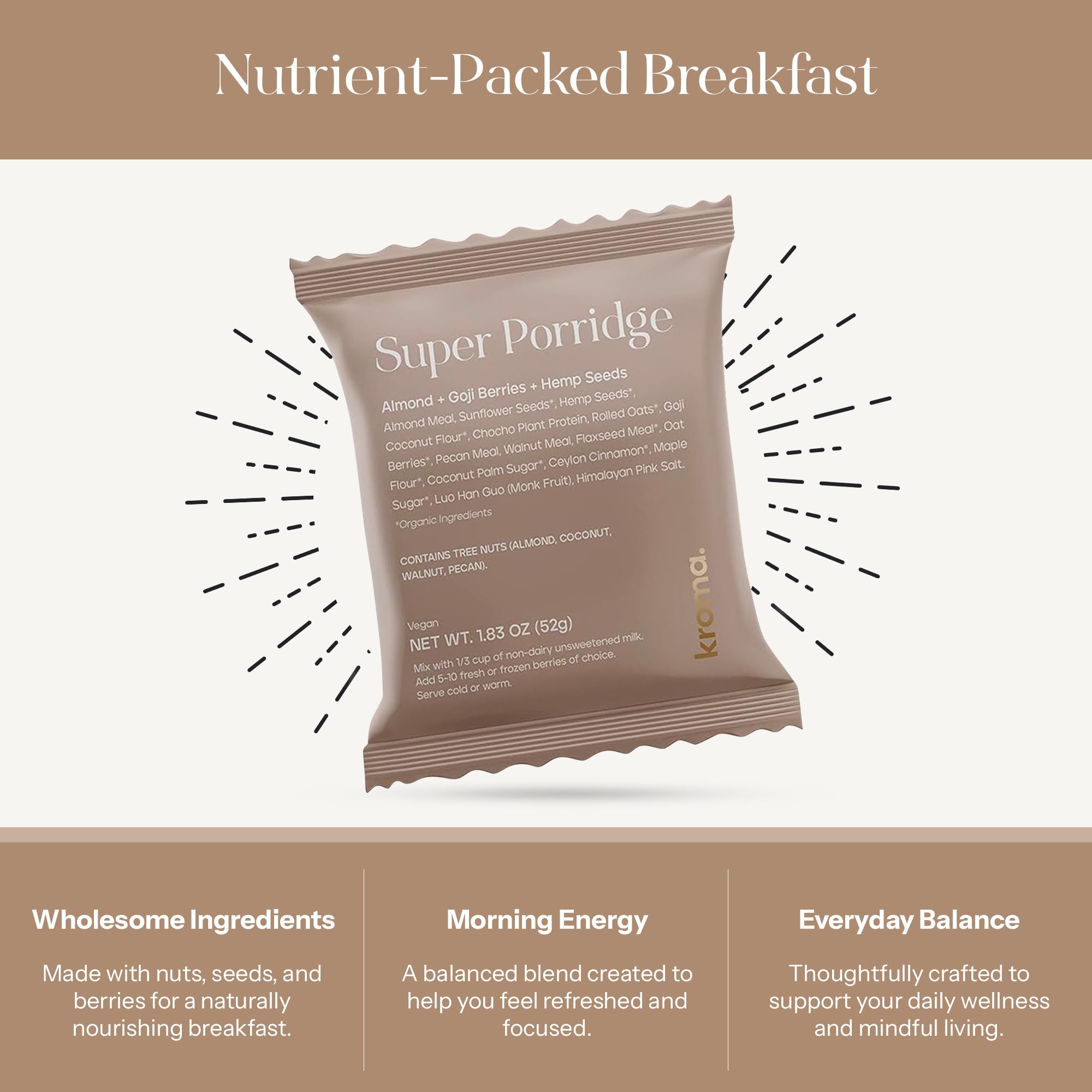 Kroma Super Porridge, Gluten Free, 5 Servings, Chocho Plant Protein, Vegan Superfood Breakfast Cereal with Hemp Seeds, Cinnamon, Oats, Coconut