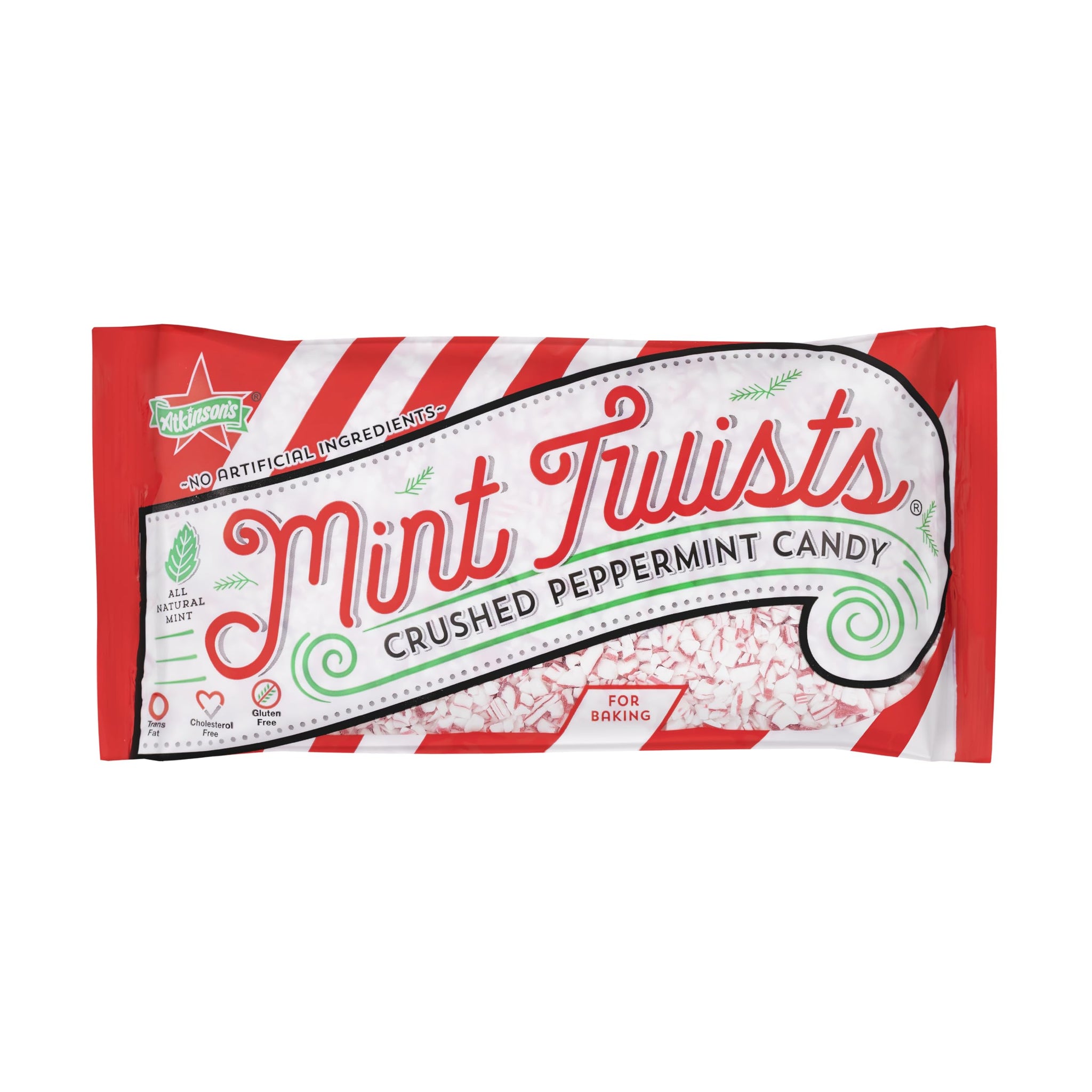 Atkinson's Mint Twists Crushed - Peppermint Red & White Candy - Gluten Free, Kosher, Vegan - Great for Baked Goods and Sweet Treats - 8 oz. Peg Bag