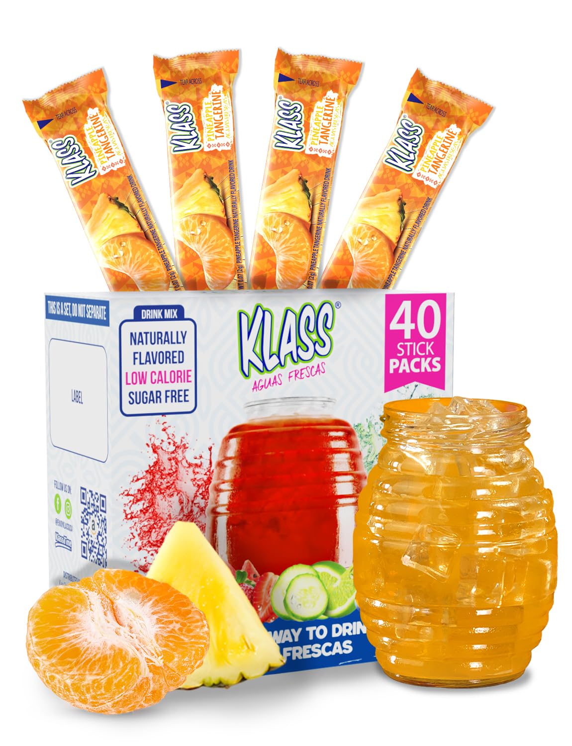 Klass Aguas Frescas, Powdered Drink Mix Variety Pack, 40 Singles Zero Sugar & Caffeine-Free Powder Packets, Water Drink Mix, Flavor: Pineapple