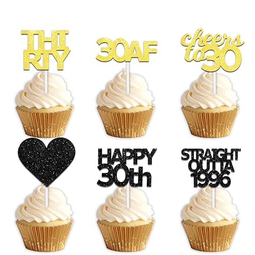 18pcs Black Gold Glitter Dessert Cupcake Pick for Straight Outta 1996 Cheer to 30 Years Old Theme Decor Supplies Happy 30th Birthday Party Decoration