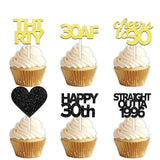 18pcs Black Gold Glitter Dessert Cupcake Pick for Straight Outta 1996 Cheer to 30 Years Old Theme Decor Supplies Happy 30th Birthday Party Decoration