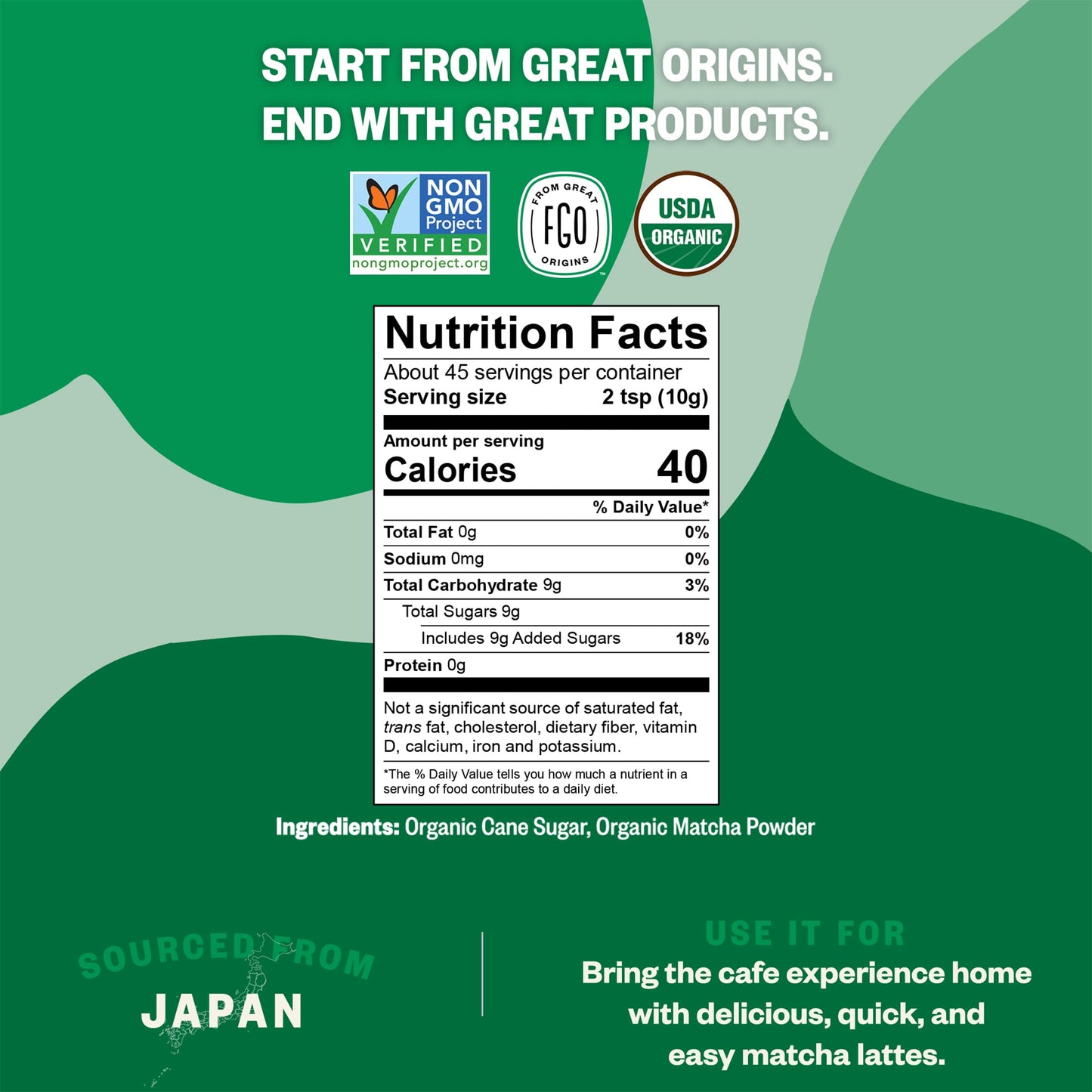 FGO Organic Matcha Latte Powder, 16 Ounce Bulk Resealable Bag, Japanese Matcha with Organic Cane Sugar, Lightly Sweetened, Packaging May Vary (Pack