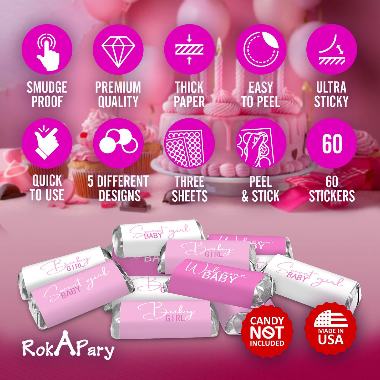 60 Modern Baby Shower Pink Miniatures Candy Bar Wrapper, Baby Shower Miniatures Candy Bar Stickers Decorations, Sprinkle Celebration, Party Supplies