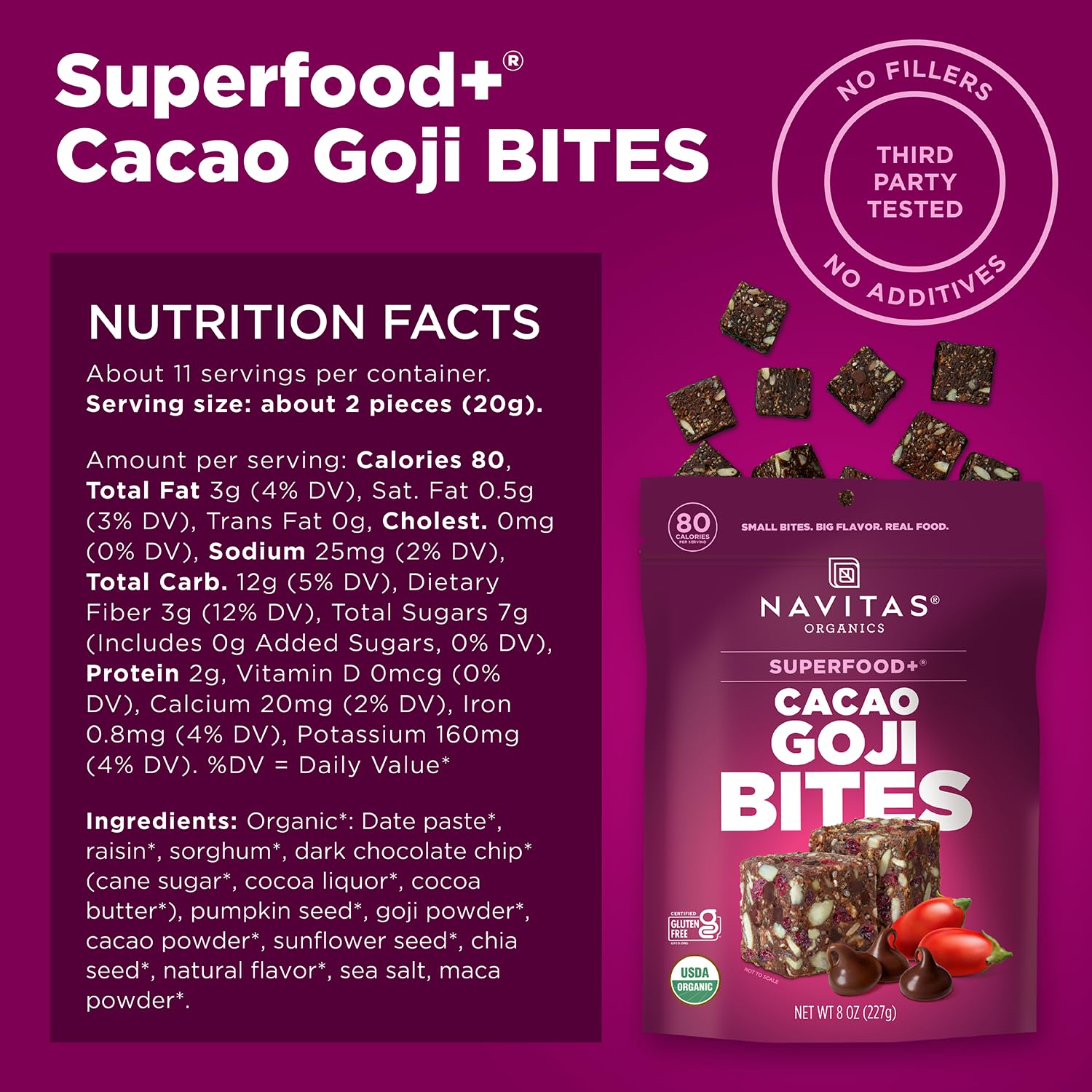 Navitas Organics Cacao Goji Superfood+ BITES - Power Snacks - All Natural Plant Based - Clean Energy & Nutrition - USDA Organic, Non GMO, Gluten Free