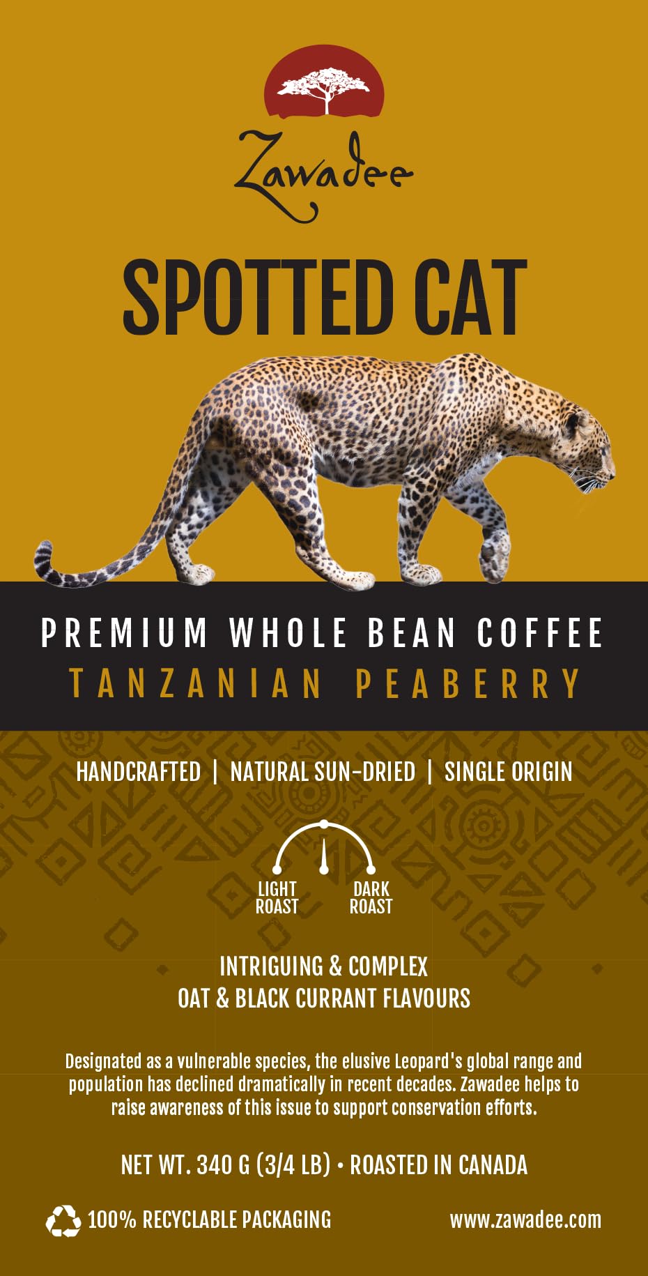 Whole Bean Coffee Spotted Cat Tanzanian Peaberry 3/4 lb 340 grams