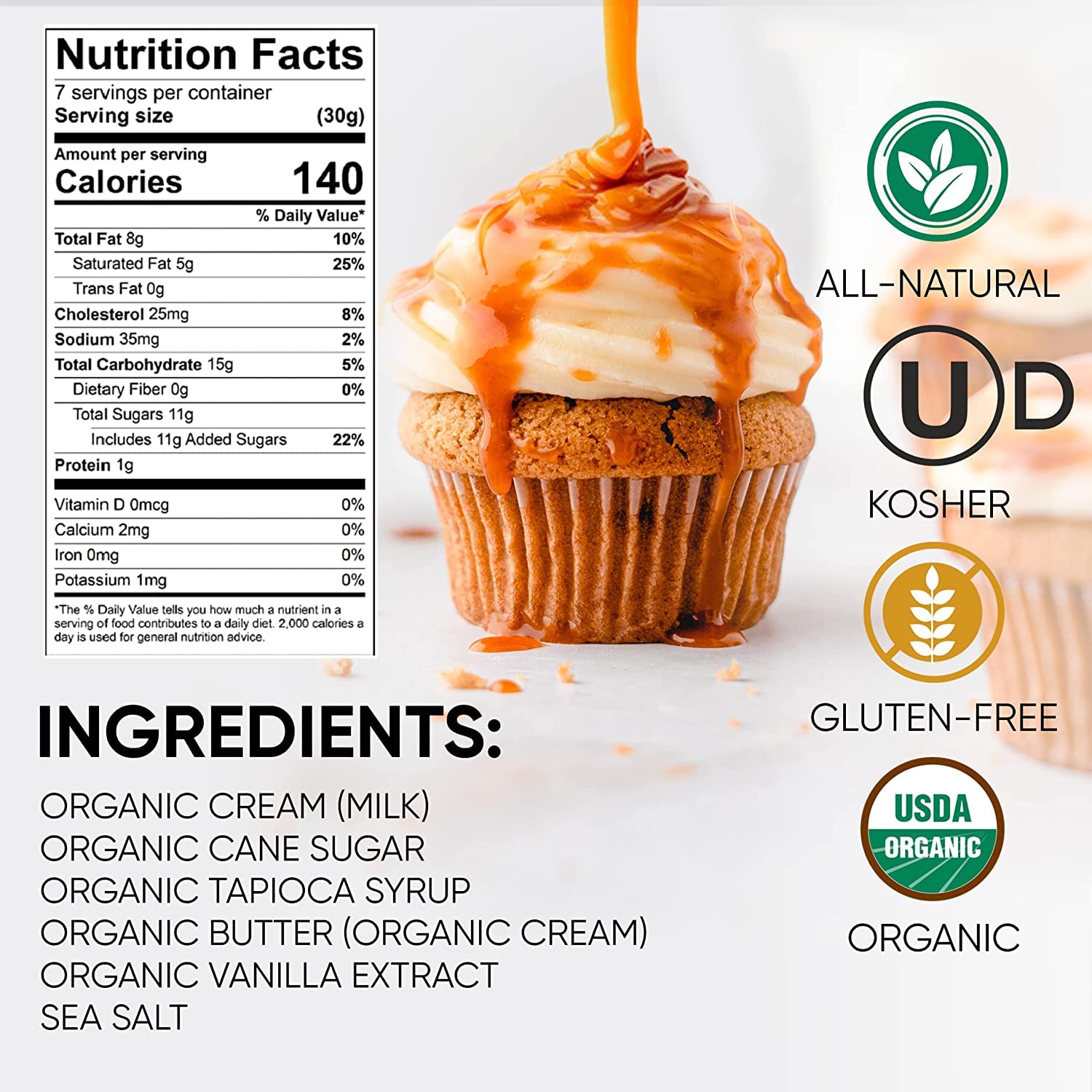 King's Cupboard Organic Caramel Sauce - The Perfect Sauce for Ice Cream, Fruit Dip, Topping Desserts, Caramel Drizzle for Coffee - Gluten-Free, Kosher, Organic, All Natural, 7.7 oz