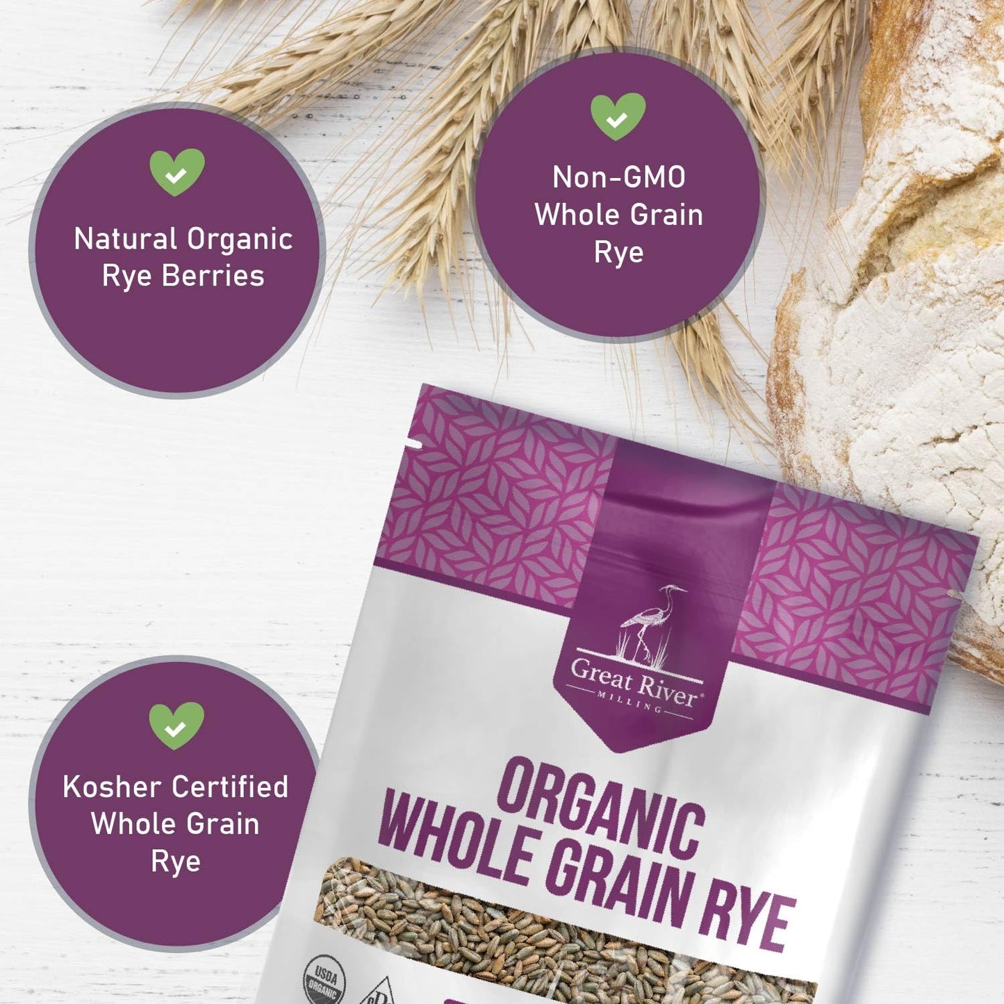 Great River Milling Organic Whole Grain Rye Berries | High-Fiber, Nutrient-Rich Ancient Grain | Non-GMO, Kosher | Ideal for Baking, Sourdough, Salads