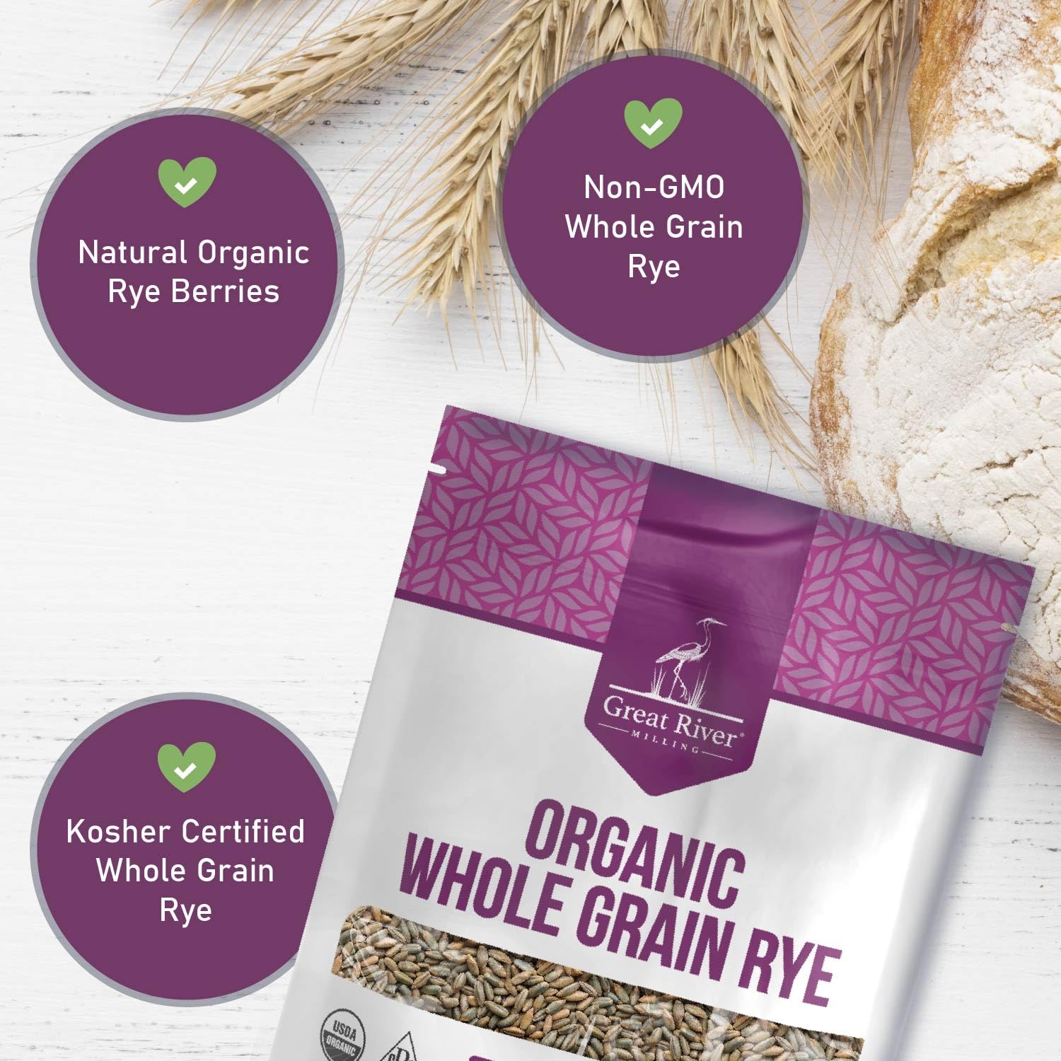 Great River Milling Organic Whole Grain Rye Berries | High-Fiber, Nutrient-Rich Ancient Grain | Non-GMO, Kosher | Ideal for Baking, Sourdough, Salads