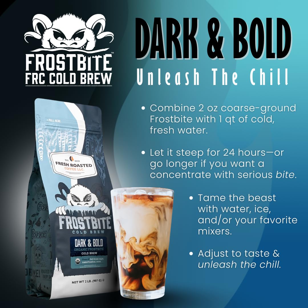 Fresh Roasted Coffee, Organic Dark & Bold Frostbite Cold Brew Whole Bean Coffee, Dark Roast, USDA Organic, Kosher, 12 oz