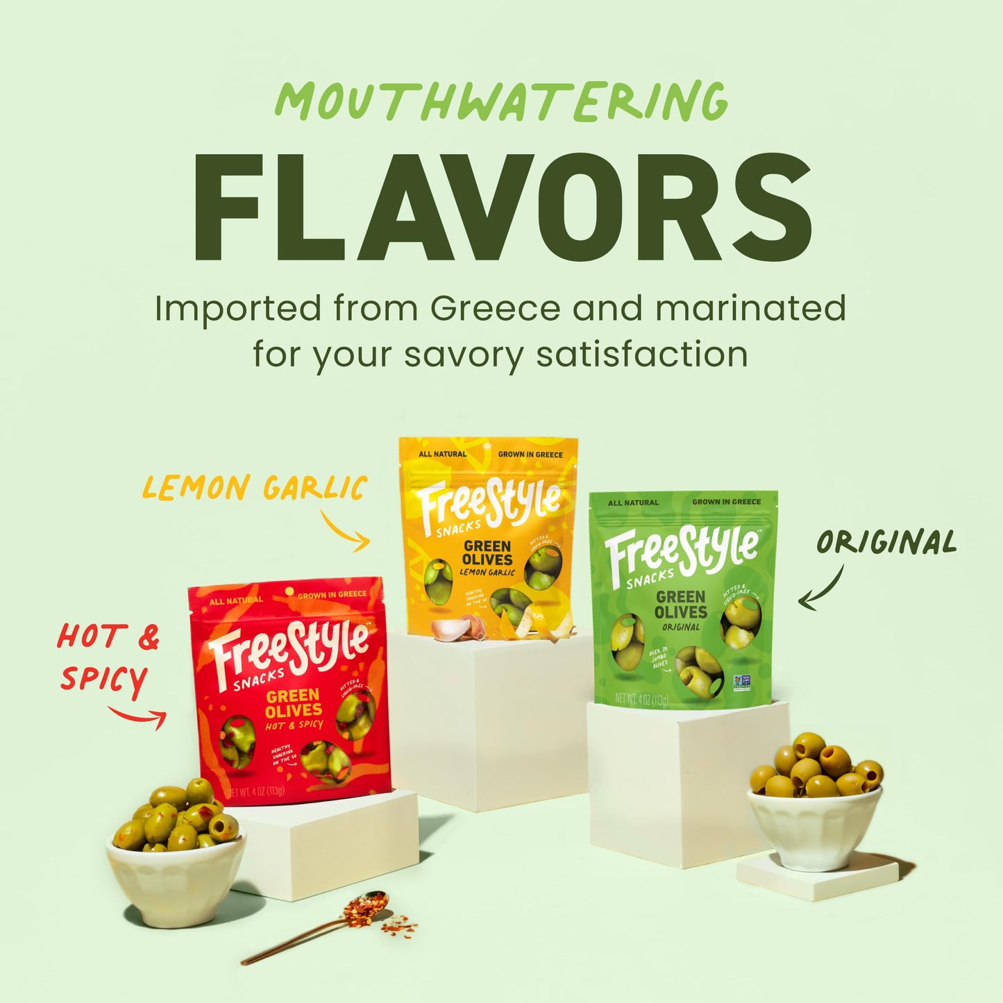 Freestyle Snacks Olive Snack Packs - As Seen on Shark Tank - Fresh Pitted Green Olives, 3 Flavors, Grown in Greece, Salty Snack, All Natural, Non-GMO