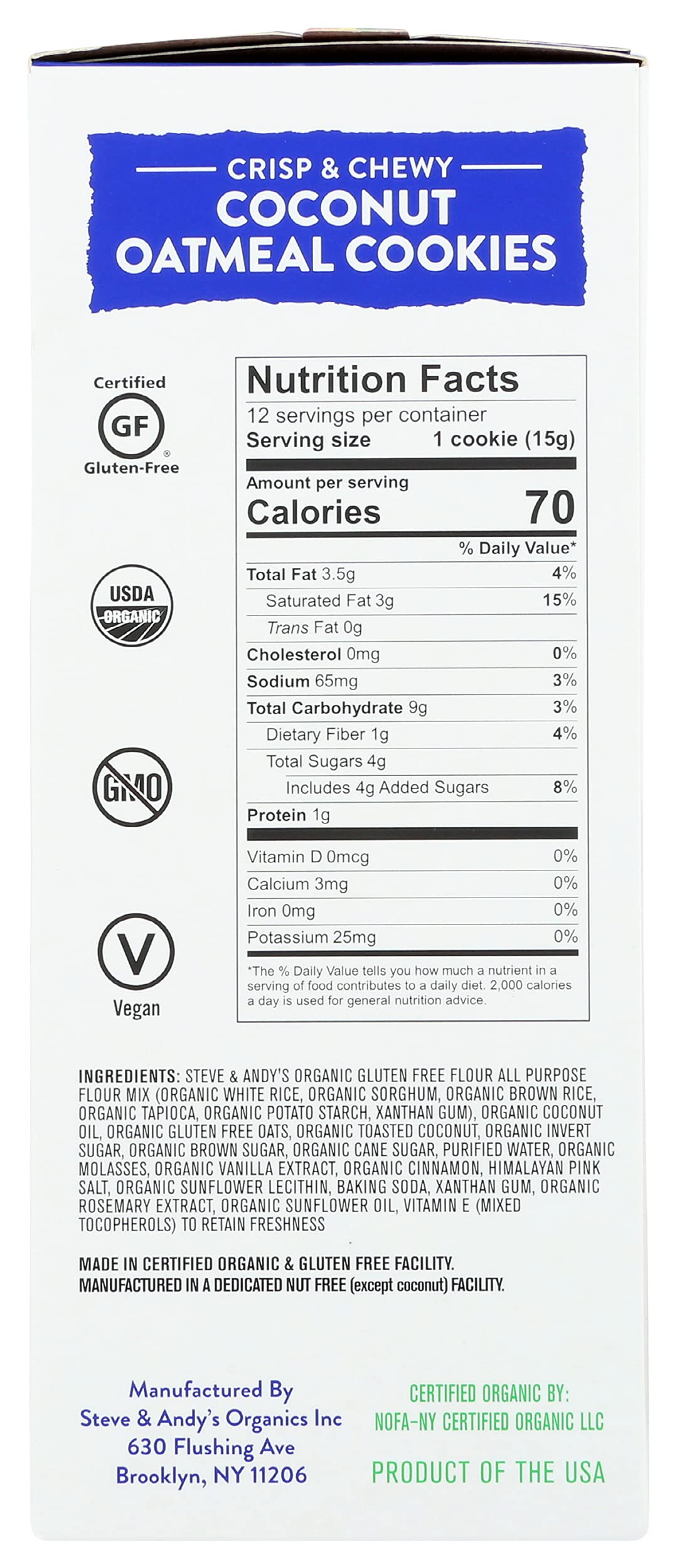 Steve & Andy'S, Cookies Oatmeal Coconut Organic, 6.3 Ounce