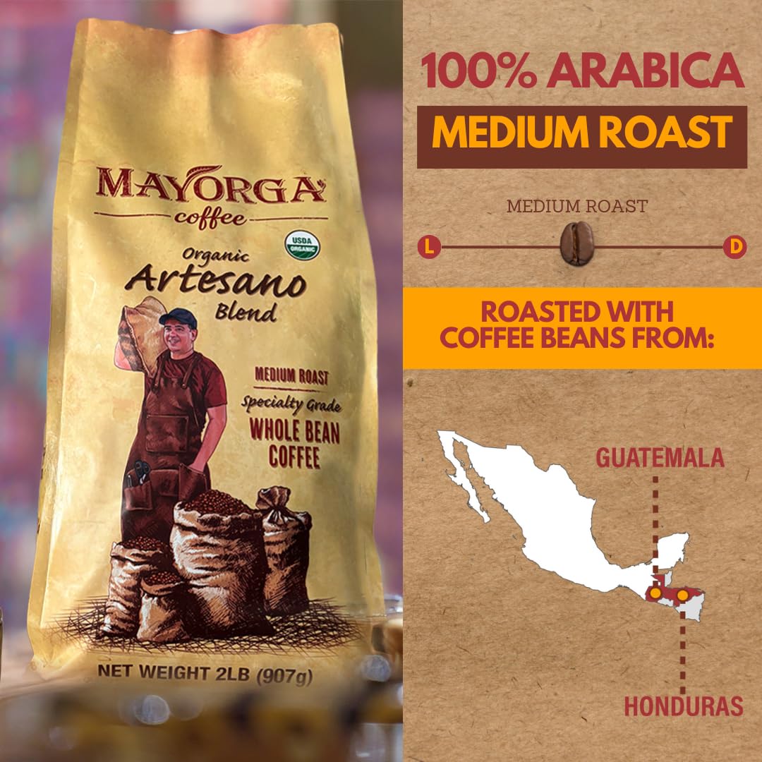 Mayorga Organic Coffee 2lb Artesano Blend - Medium Roast Whole Bean Coffee Speciality Grade, 100% Arabica, Slow Roasted, Chocolate and Nutty Flavor