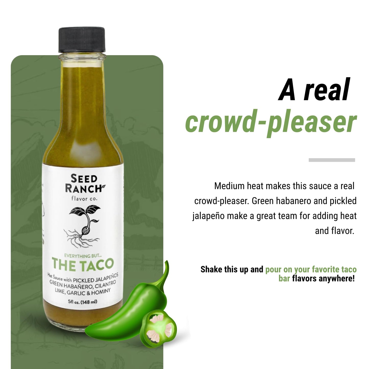 Seed Ranch Gourmet Everything But the Taco Hot Sauce, Medium Heat Taco Sauce - Vegan, Non-GMO Taco Seasoning, No Preservatives or Artificial Sugar