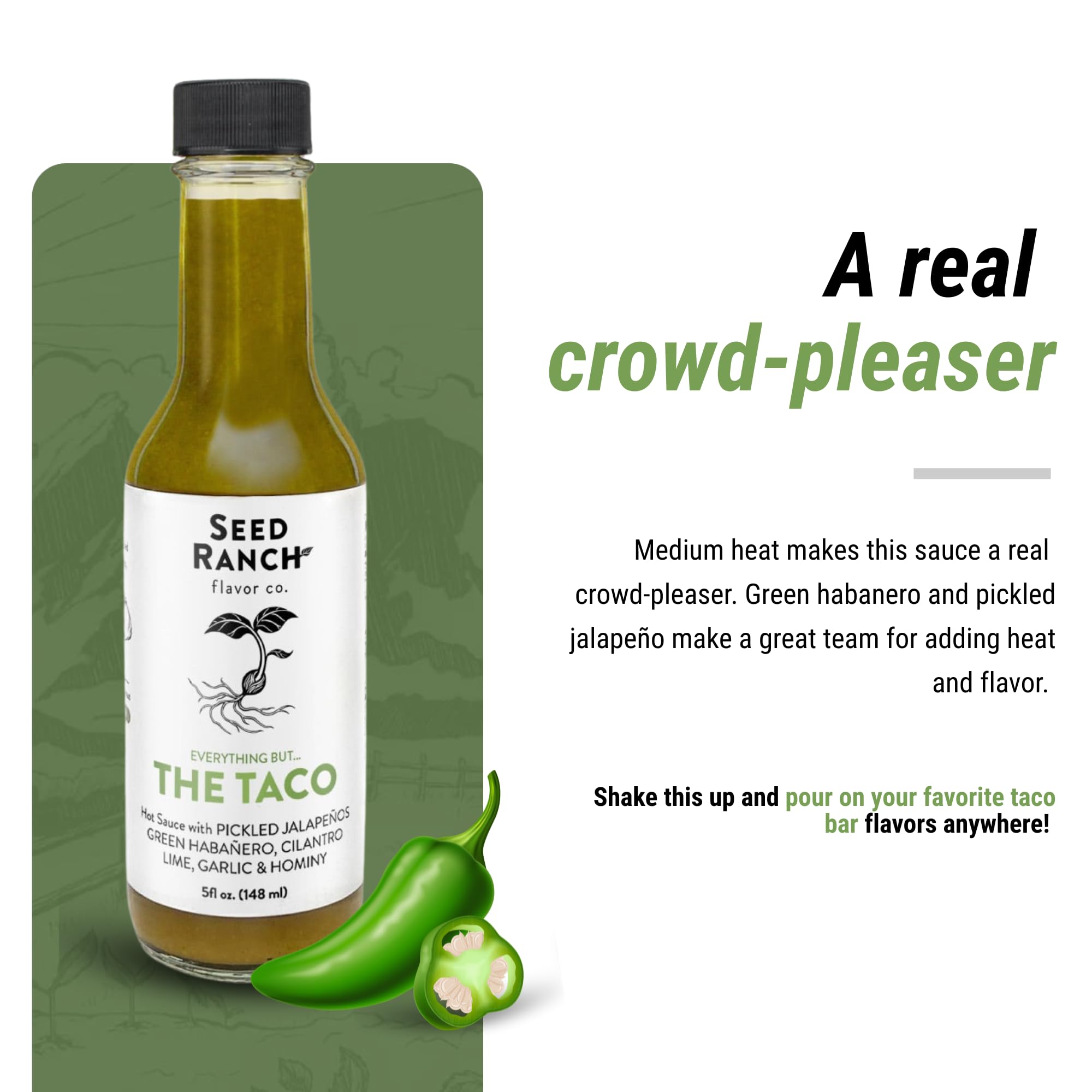 Seed Ranch Gourmet Everything But the Taco Hot Sauce, Medium Heat Taco Sauce - Vegan, Non-GMO Taco Seasoning, No Preservatives or Artificial Sugar
