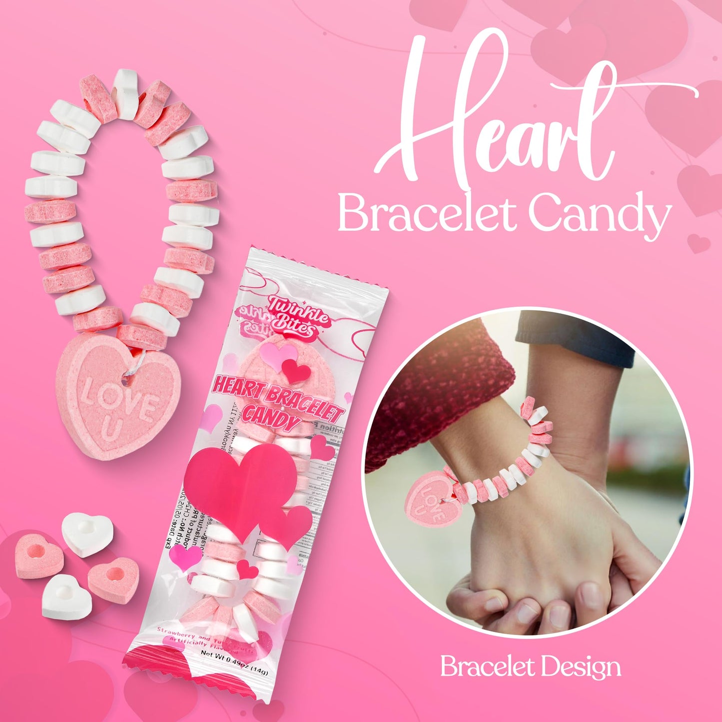 30 Pack Valentines Day Bracelet Candy - Individually Wrapped Holiday Themed Love Heart Candies - Strawberry, Tutti Frutti Delicious Flavors - Bulk