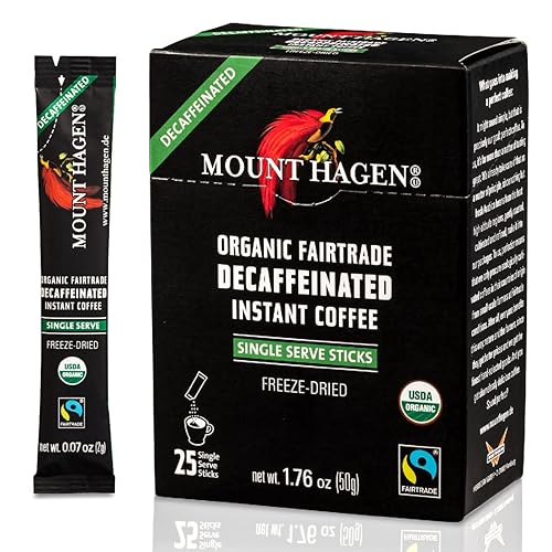 Mount Hagen 25 Count Single Serve Instant Decaf Coffee Packets - 1 Pack | Decaffeinated Organic Medium Roast Arabica Beans | Eco-friendly, Fair-Trade
