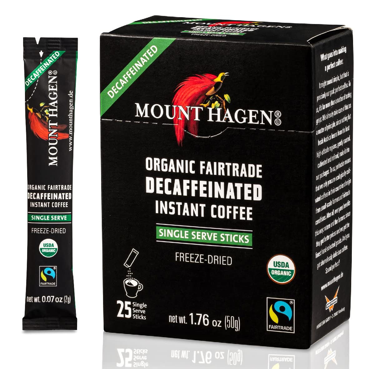 Mount Hagen 25 Count Single Serve Instant Decaf Coffee | Decaffeinated Organic Arabica Beans | [25 sticks/1.76oz/50g]