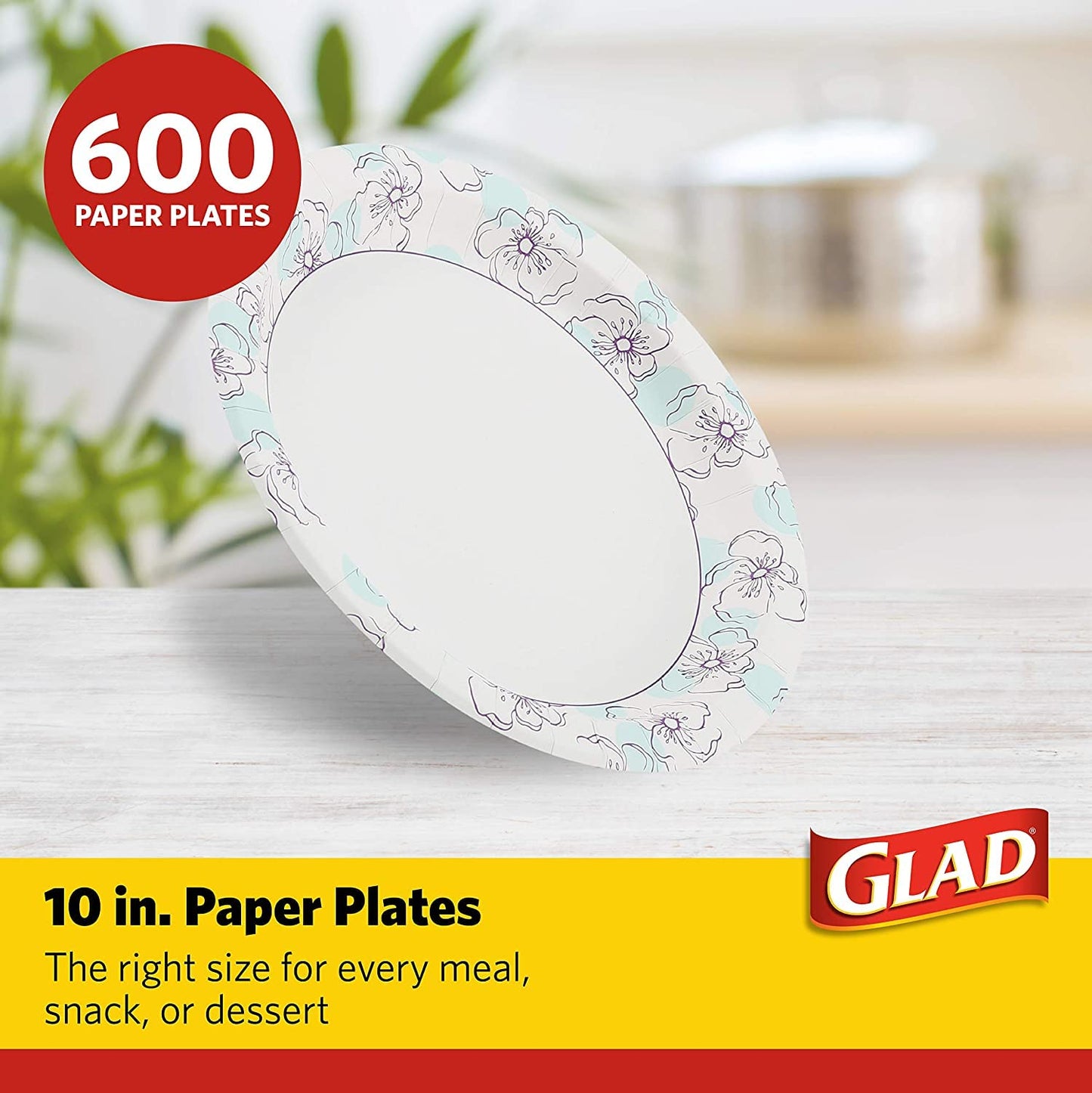 Glad 600-Count Round Paper Plates, 10 Inch Blue Flower Design, 50 Ct x 12 Pack of Heavy Duty Soak Proof Cut Resistant Microwave Safe Plates for Meals