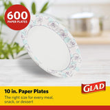 Glad 600-Count Round Paper Plates, 10 Inch Blue Flower Design, 50 Ct x 12 Pack of Heavy Duty Soak Proof Cut Resistant Microwave Safe Plates for Meals