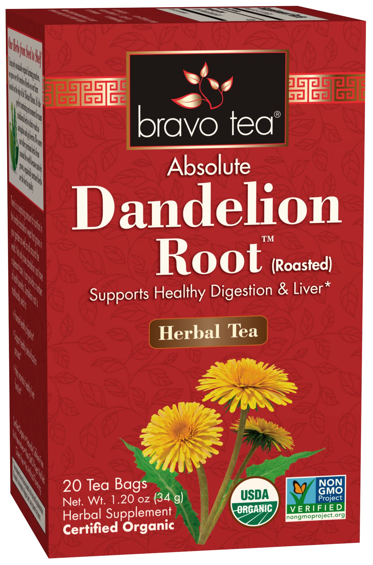 Bravo Tea Absolute Dandelion Herbal Tea Caffeine Free, 20 Tea Bags