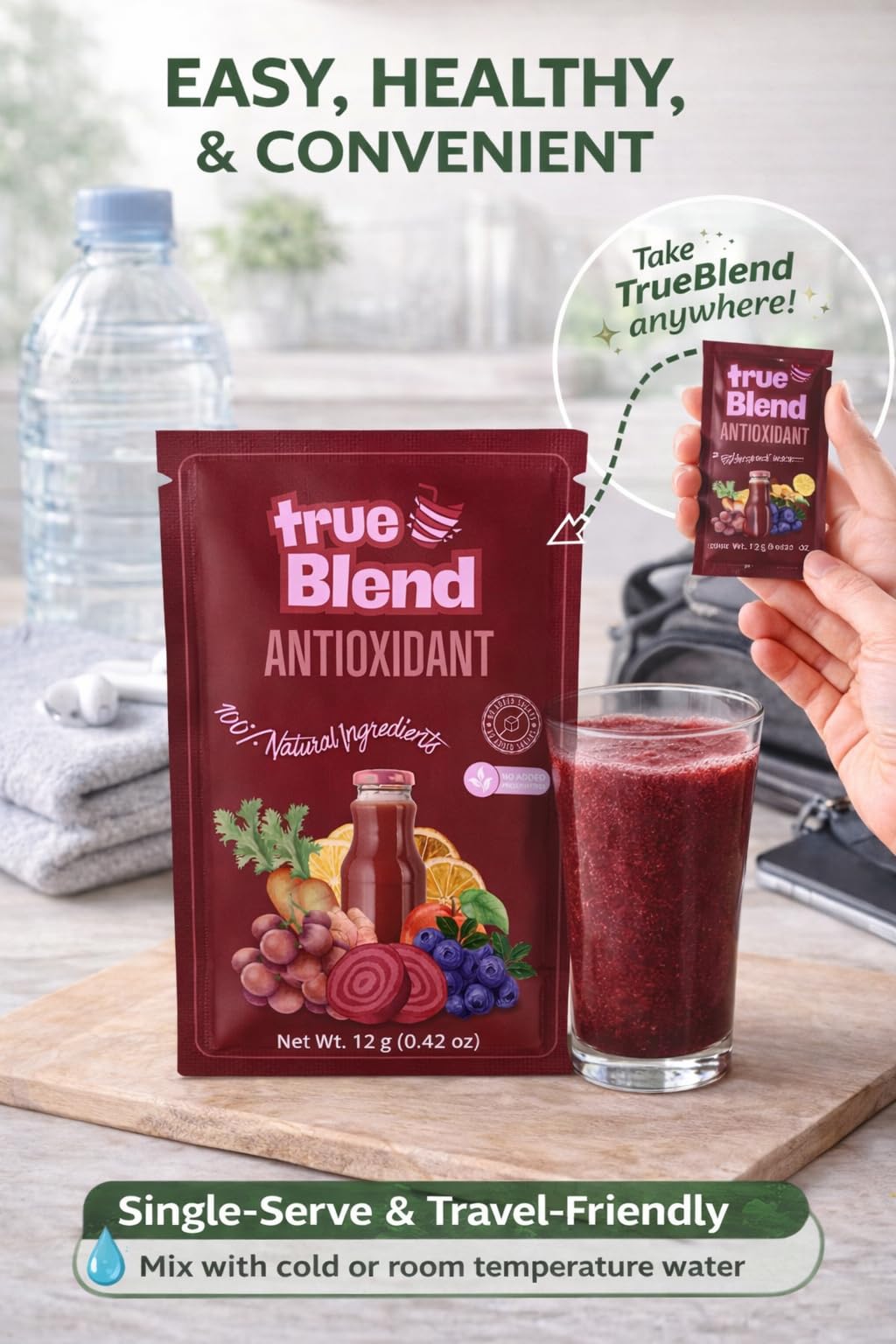 Antioxidant Juice Powder Drink Mix with Fiber - Red Fruit & Vegetable Blend (Beet, Acai & Berry), No Added Sugar, 10 Stick Packs | TrueBlend